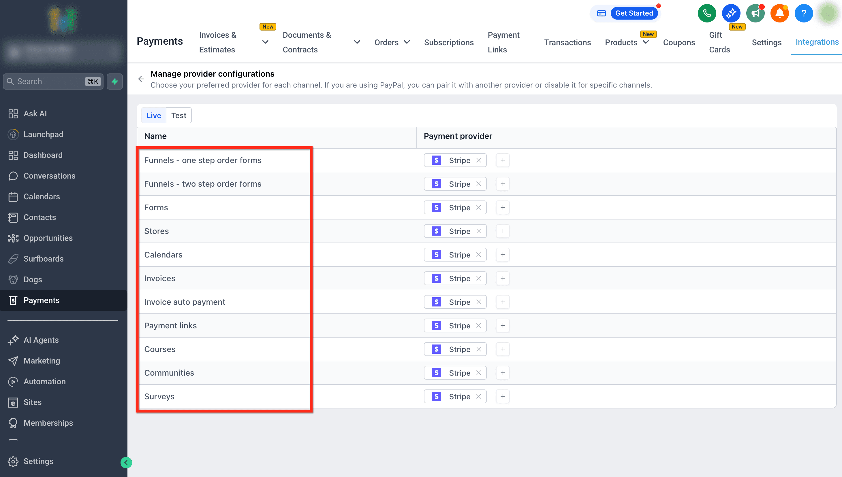 Schermata 1 — Configurare i Provider di Pagamento per Canale