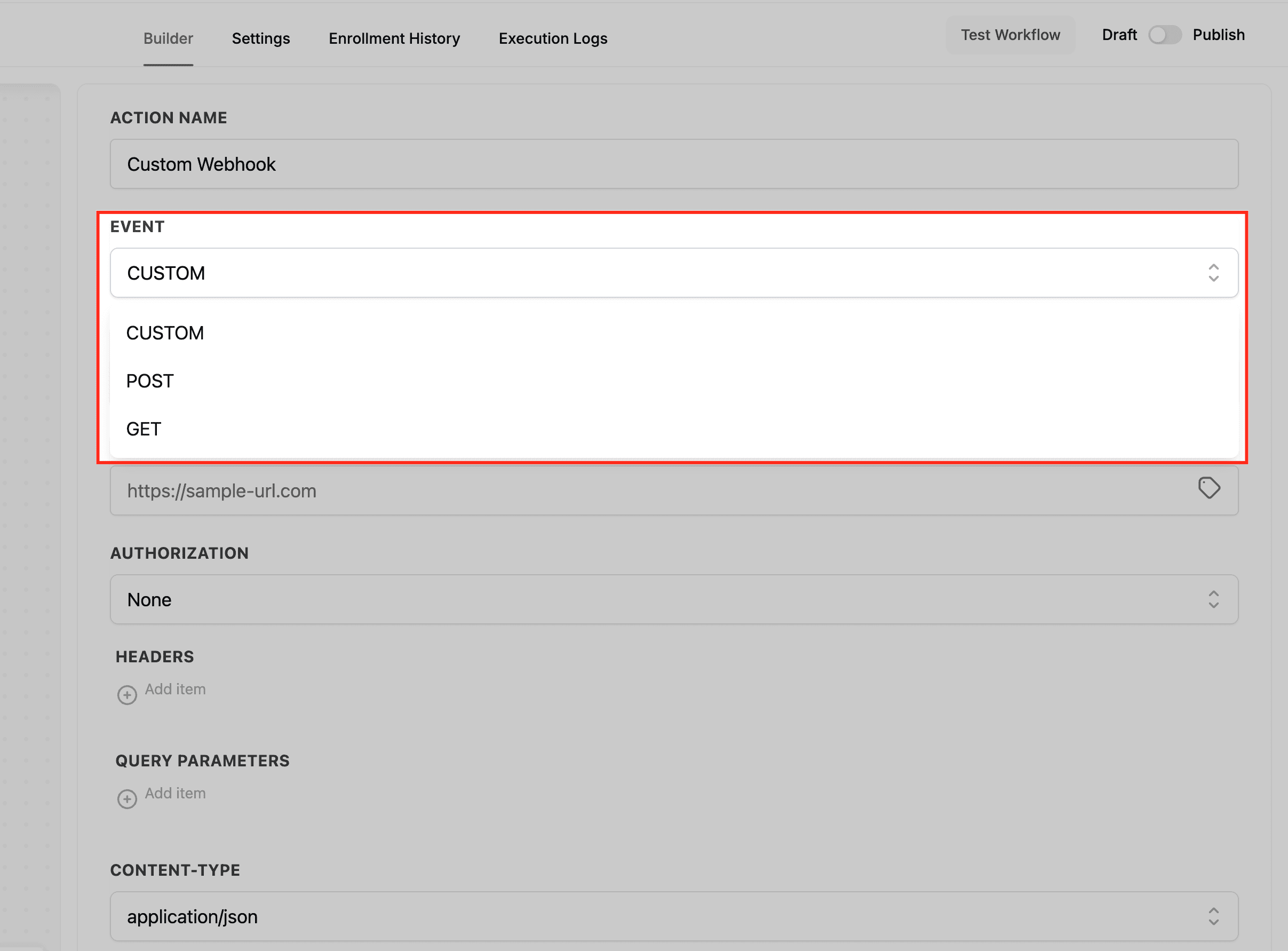Schermata 4 — Azione Workflow - Custom Webhook