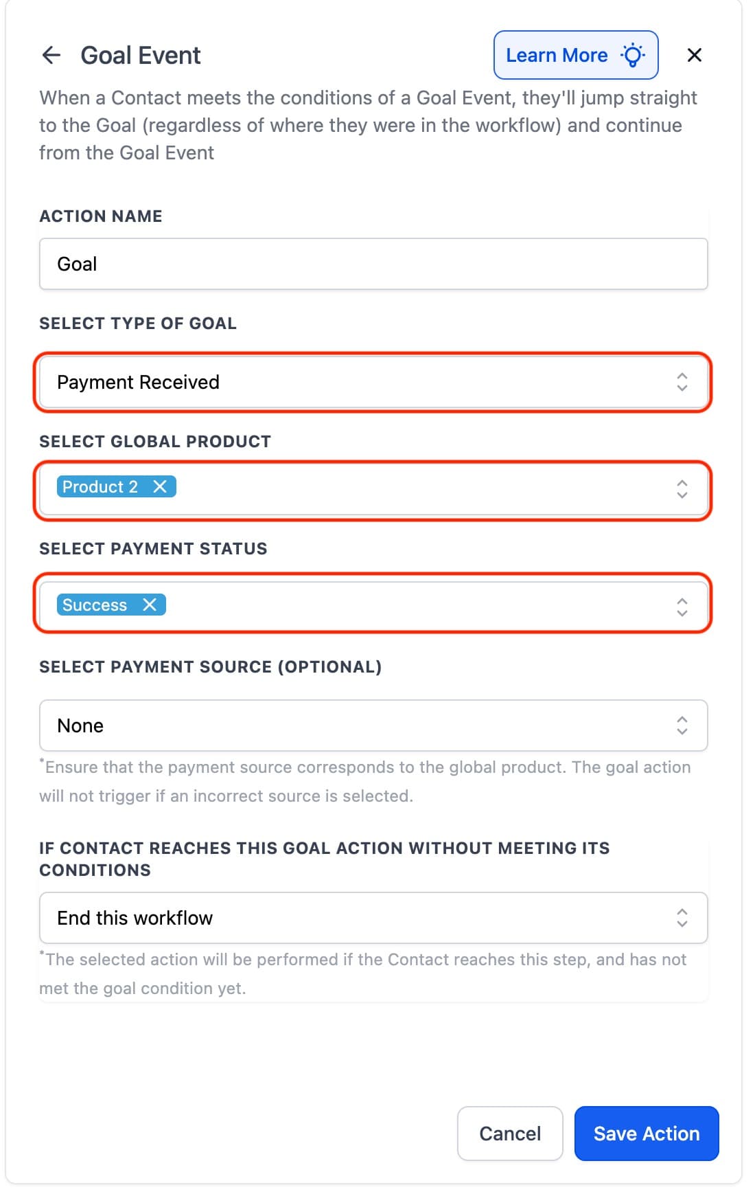 Schermata 2 — Azione Workflow - Goal Event