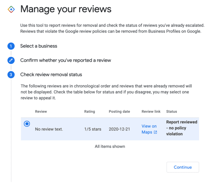 Schermata 5 — Come contestare una recensione Google e verificare lo stato della contestazione