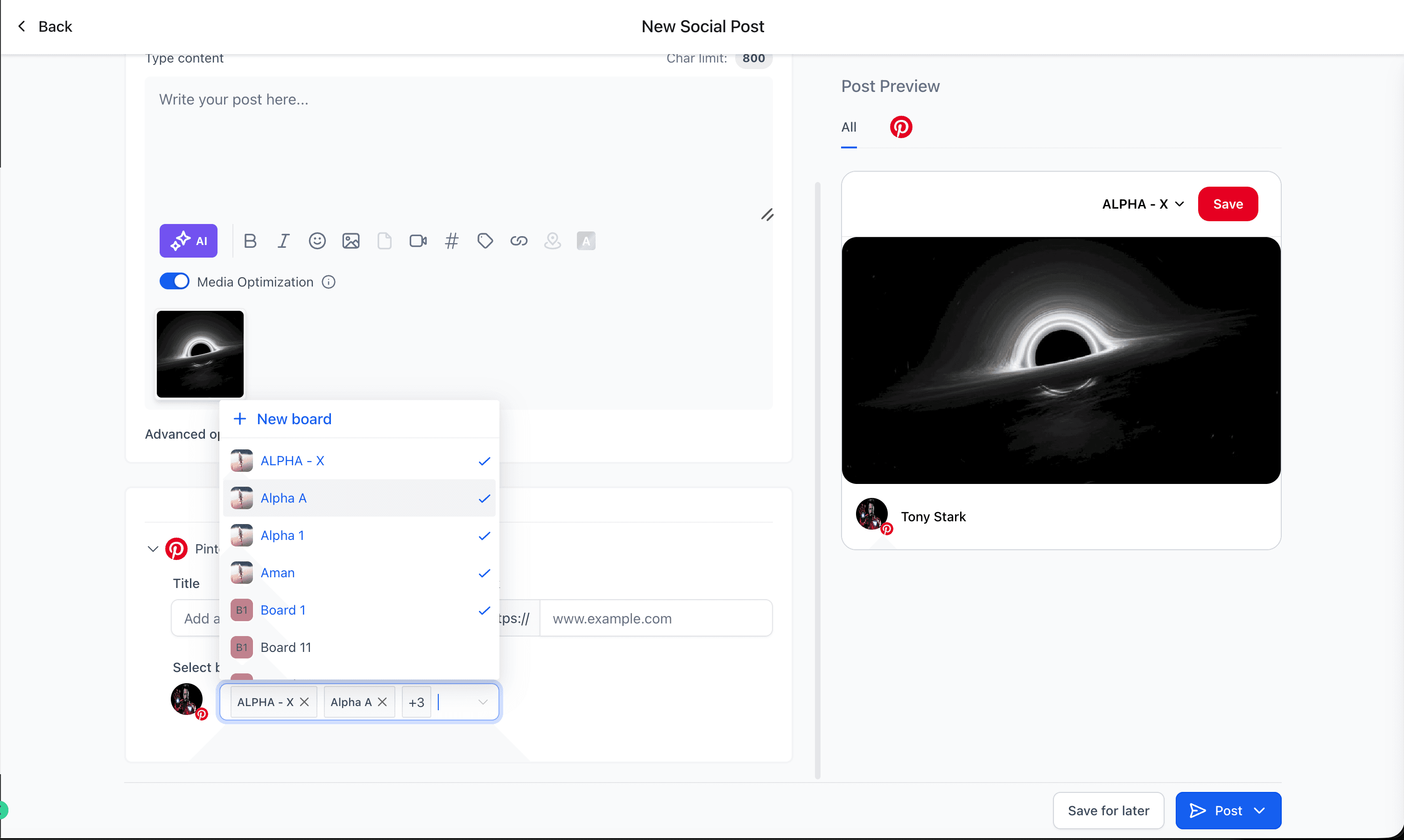 Schermata 8 — Aggiungere Pin di Pinterest nel Social Planner