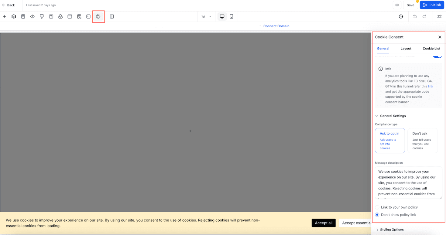 Schermata 2 — Come usare il Banner di Consenso ai Cookie nei Funnel e Siti Web di HITLEAD