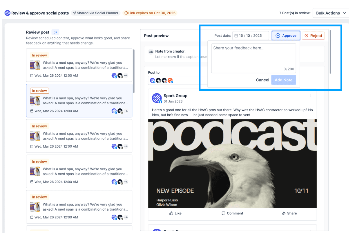 Schermata 6 — Flusso di Approvazione con Link Esterno nel Social Planner