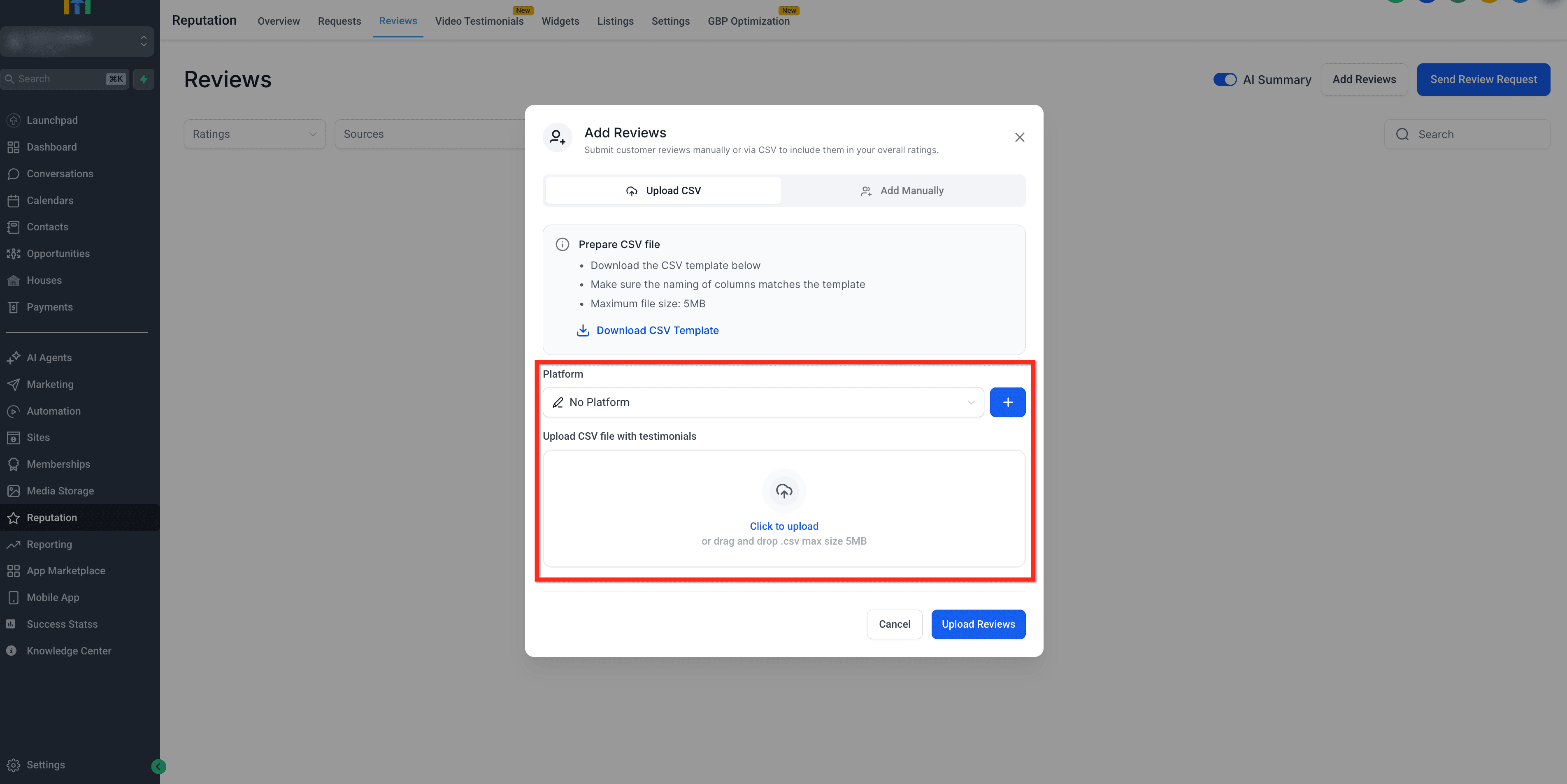 Schermata 8 — Recensioni Manuali - Aggiungi e Gestisci Recensioni Offline