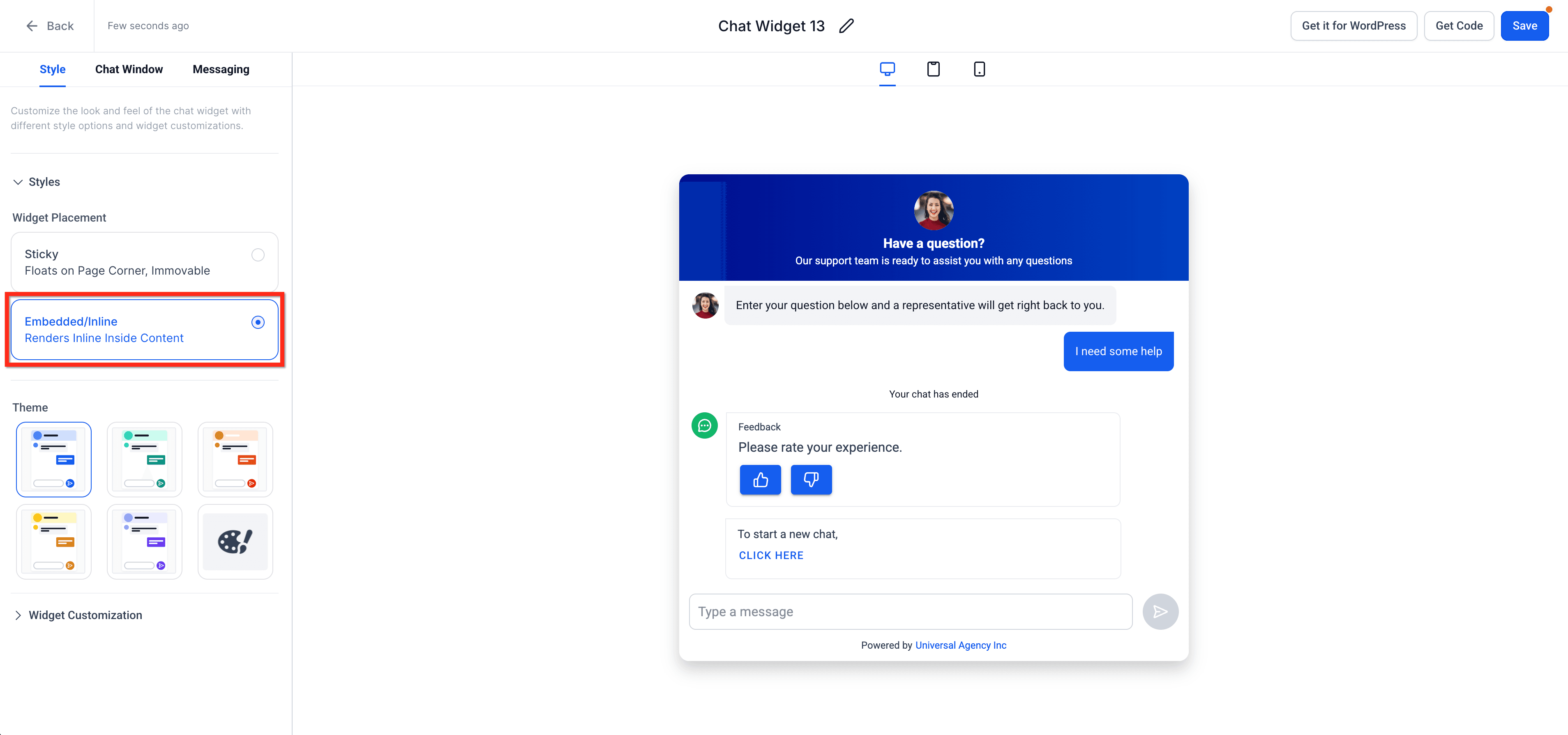 Schermata 3 — Come creare un Chat Widget Live incorporato (Embedded)