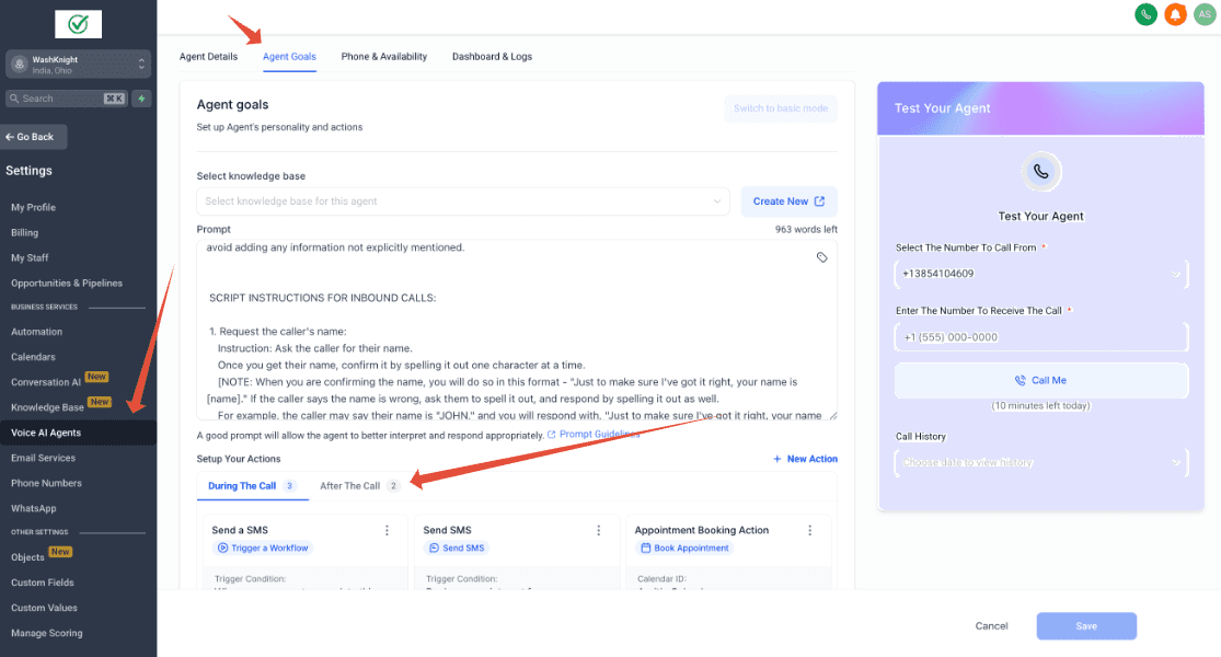Schermata 4 — Azioni Durante e Dopo la Chiamata in Voice AI