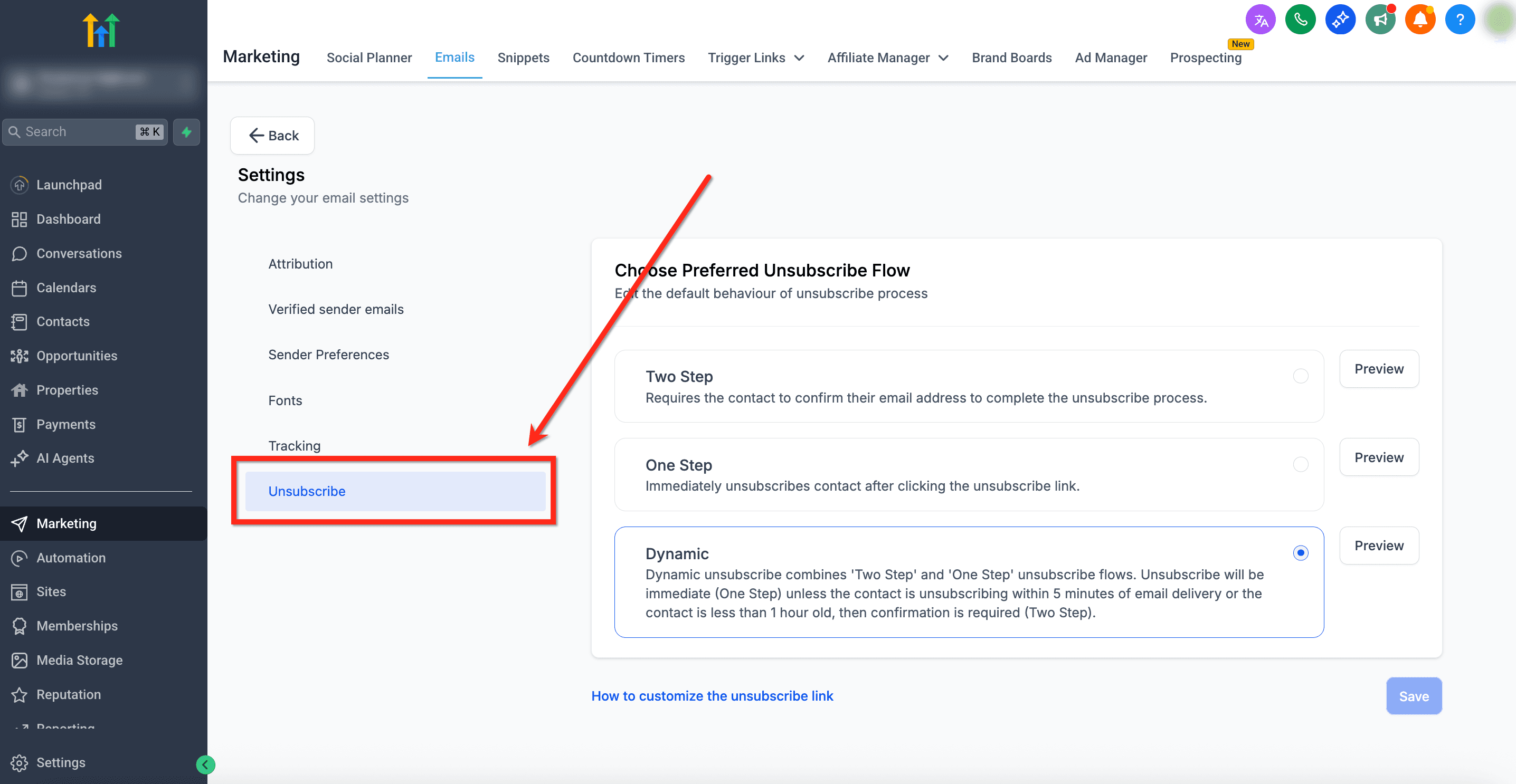 Schermata 3 — Configurare i Flussi di Disiscrizione (One-Step, Two-Step, Dynamic)