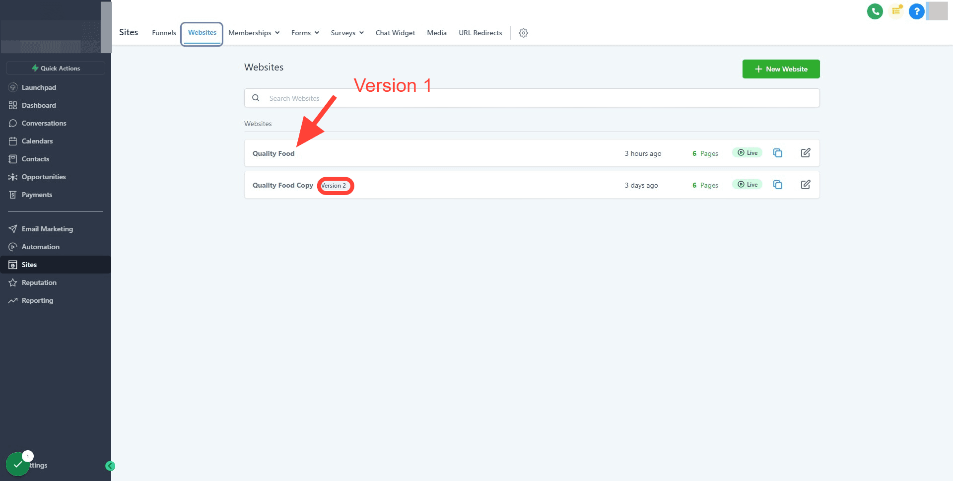 Schermata 2 — Come autorizzare i pagamenti con carta usando il vecchio Website builder