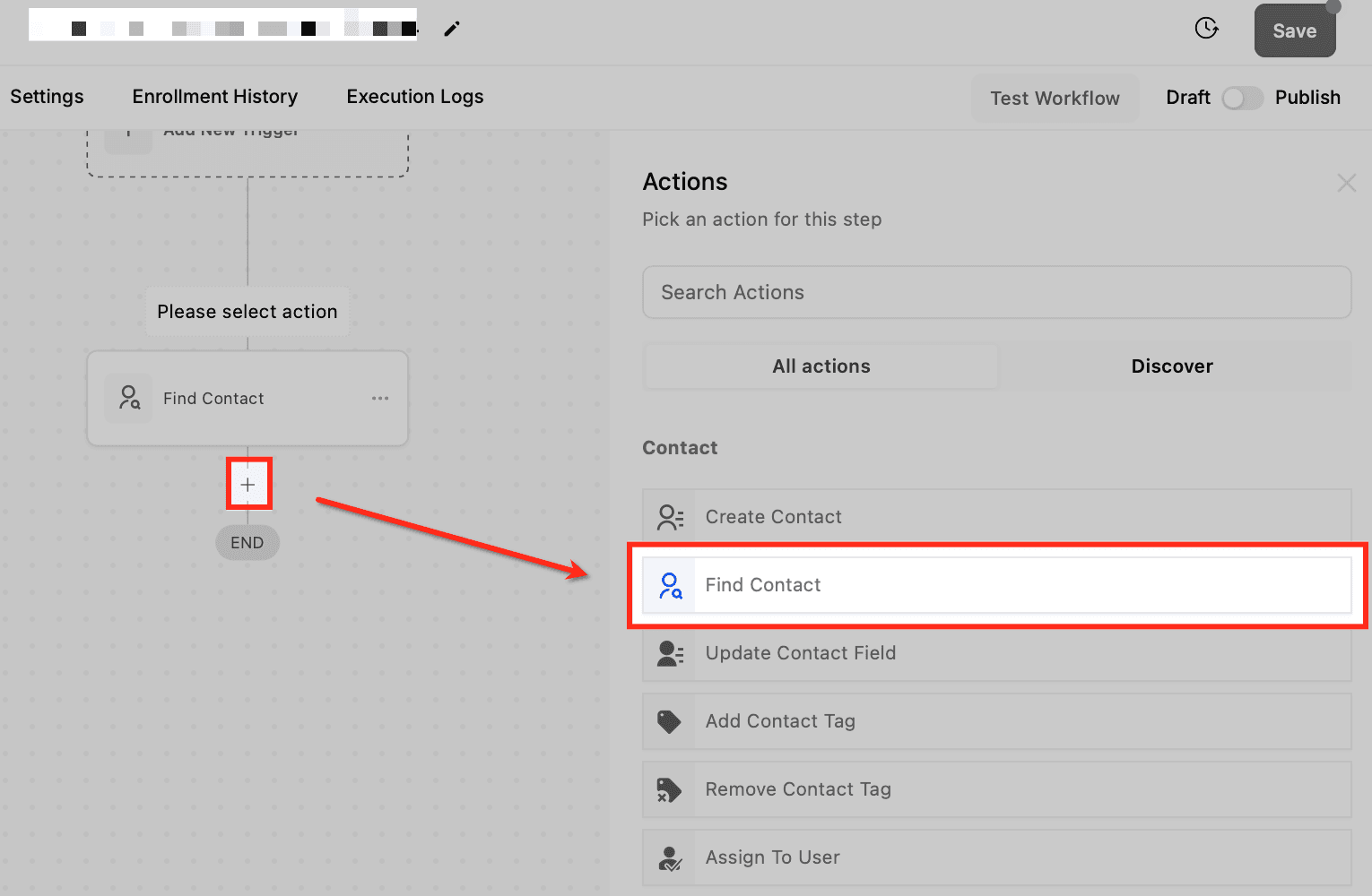 Schermata 2 — Azione Workflow - Trova Contatto