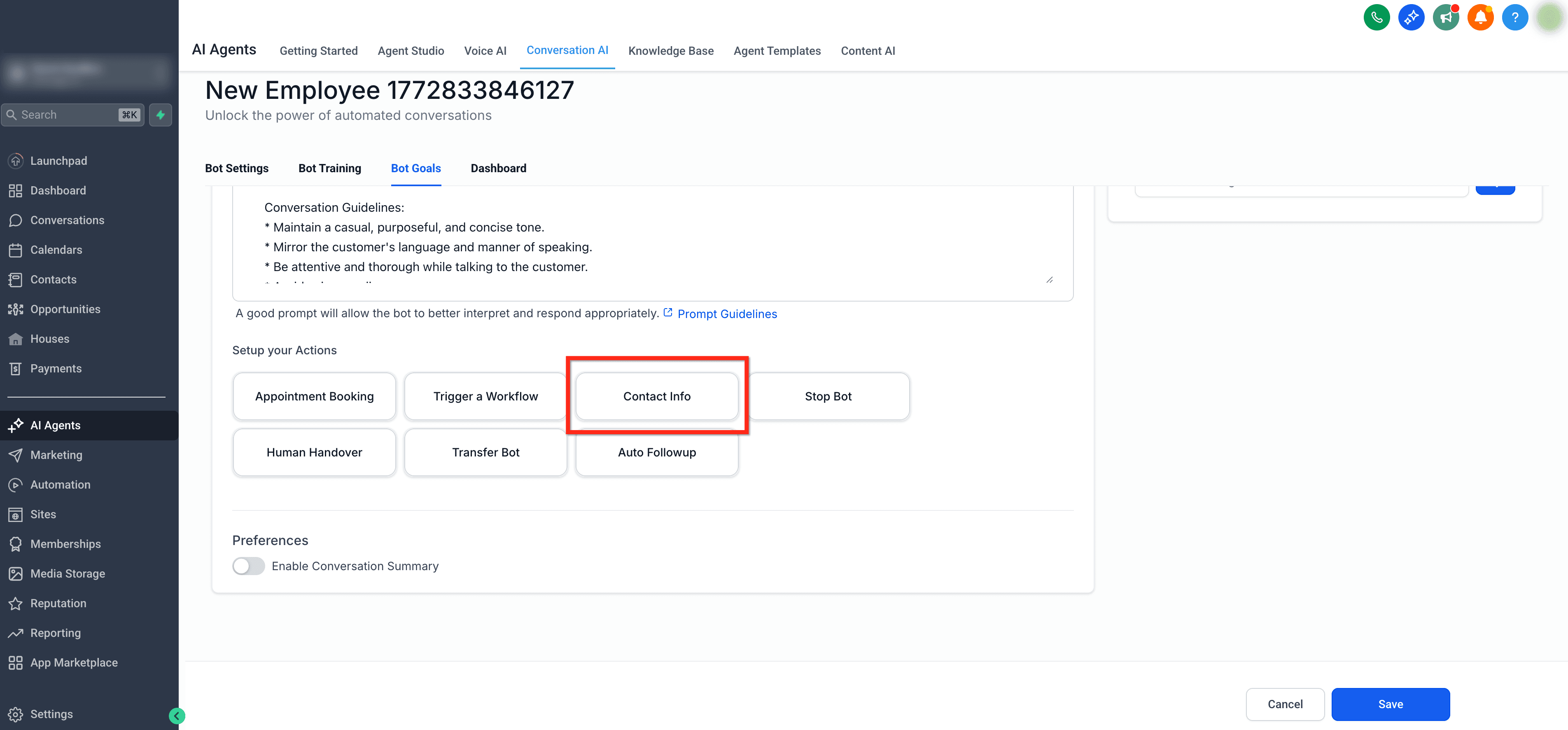 Schermata 3 — Come usare l'azione Add Contact Info in Conversation AI
