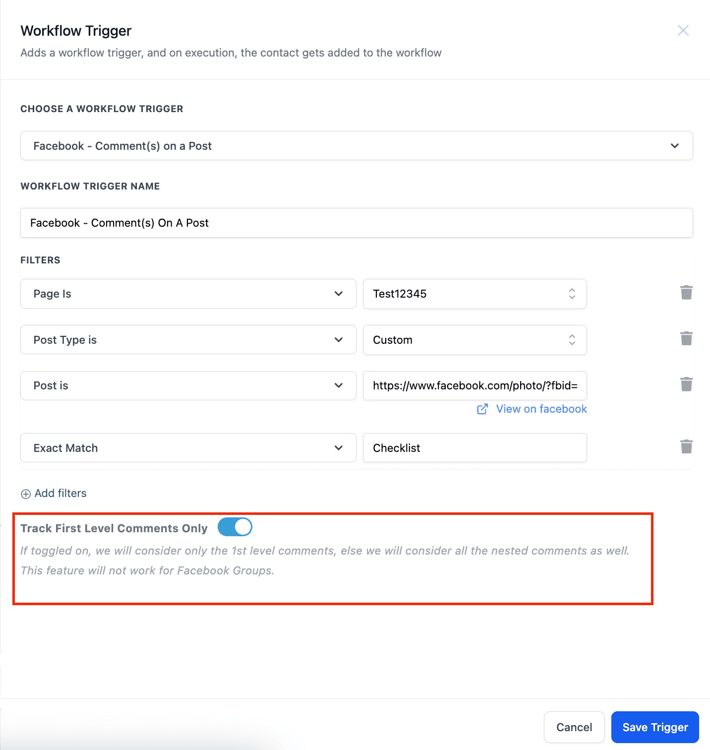 Schermata 11 — Workflow Trigger - Commento/i Facebook su un Post