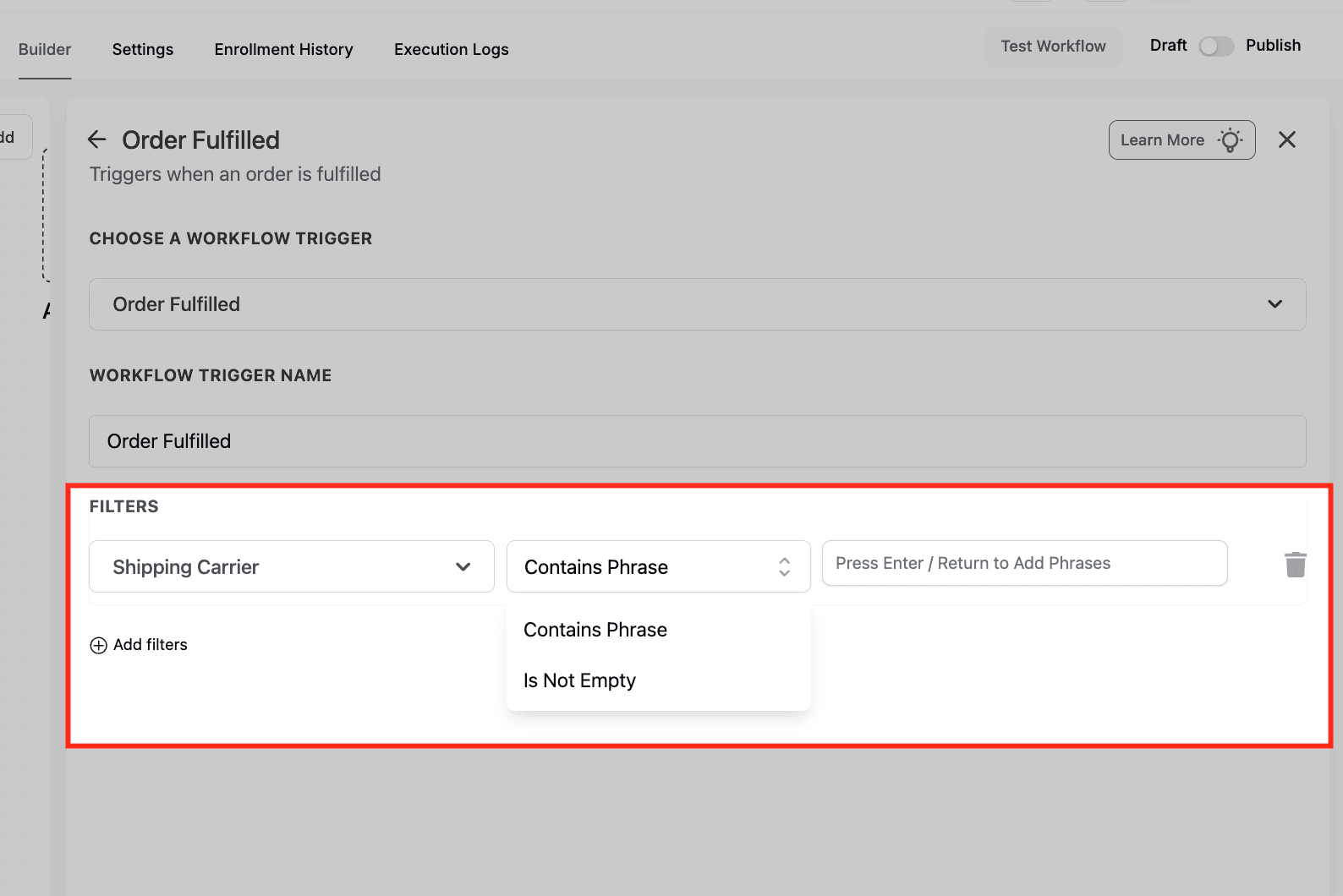 Schermata 11 — Workflow Trigger - Order Fulfilled (Per gli Store Ecommerce)