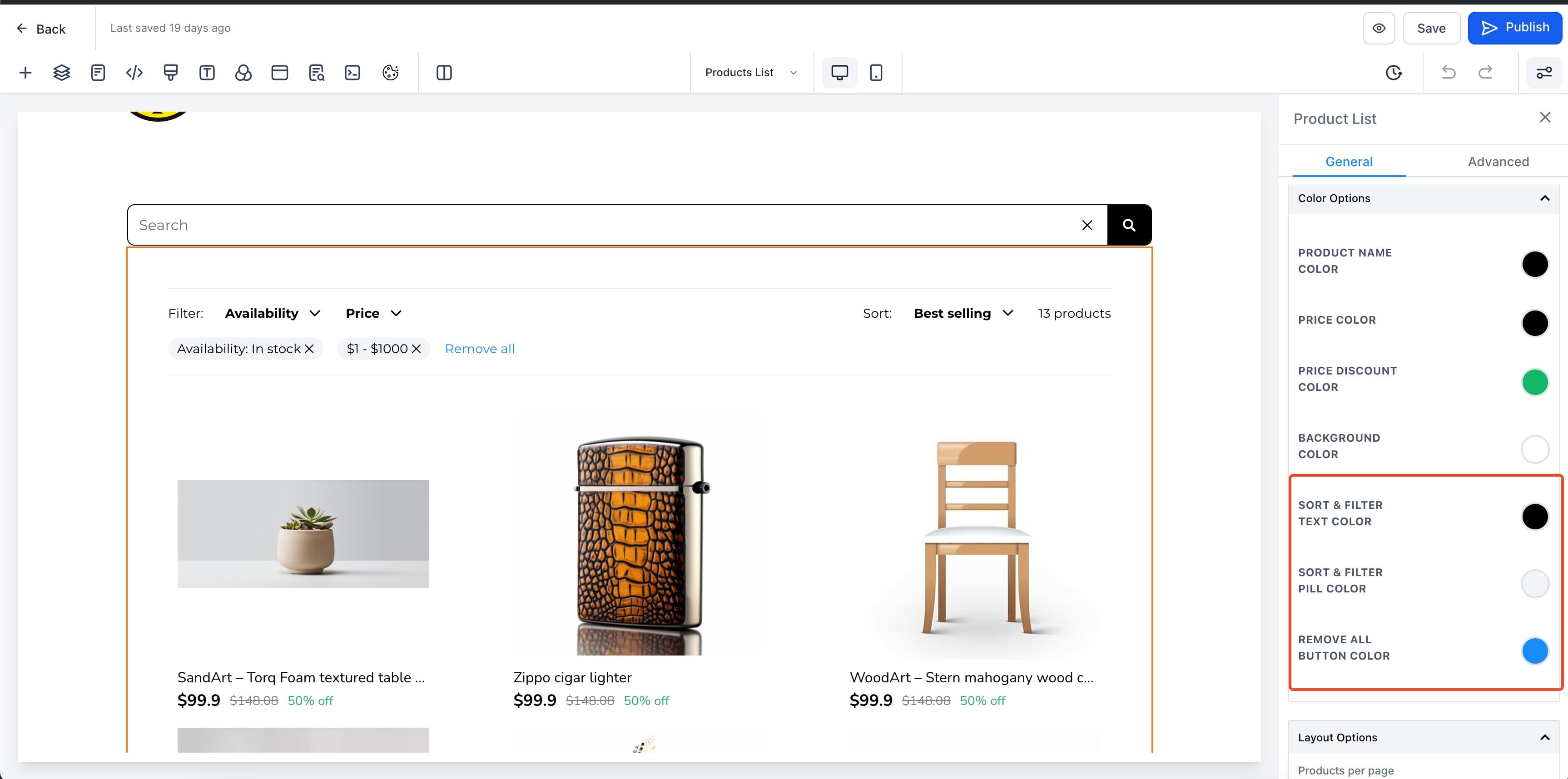 Configurazione delle proprietà di Sort & Filter