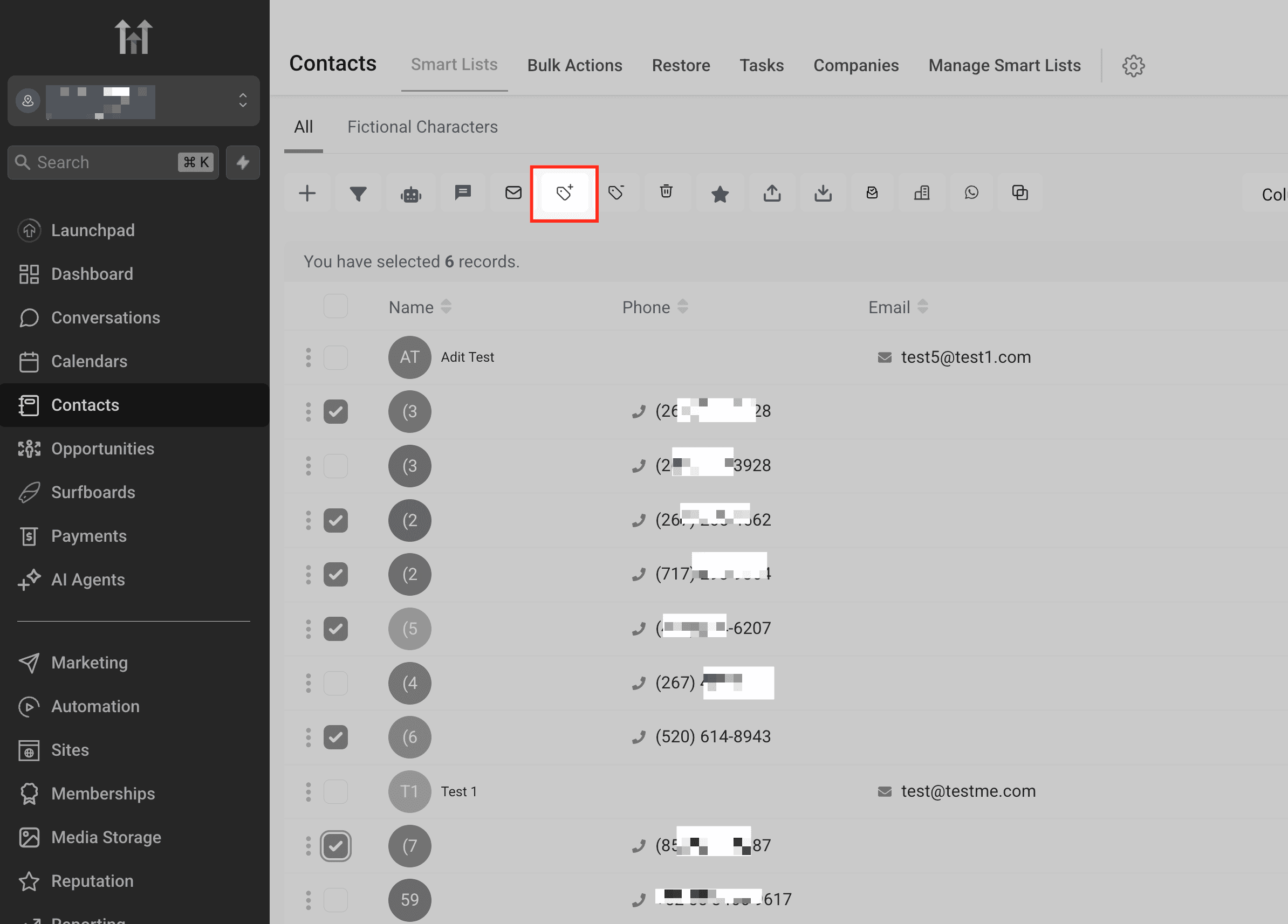 Schermata 3 — Aggiungere Tag a Più Contatti Contemporaneamente