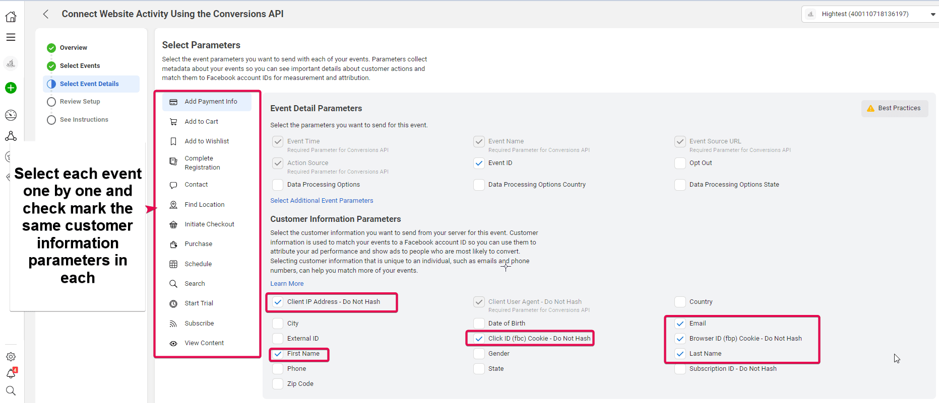 Schermata 15 — Come configurare un Funnel Event Pixel per la Facebook Conversion API?