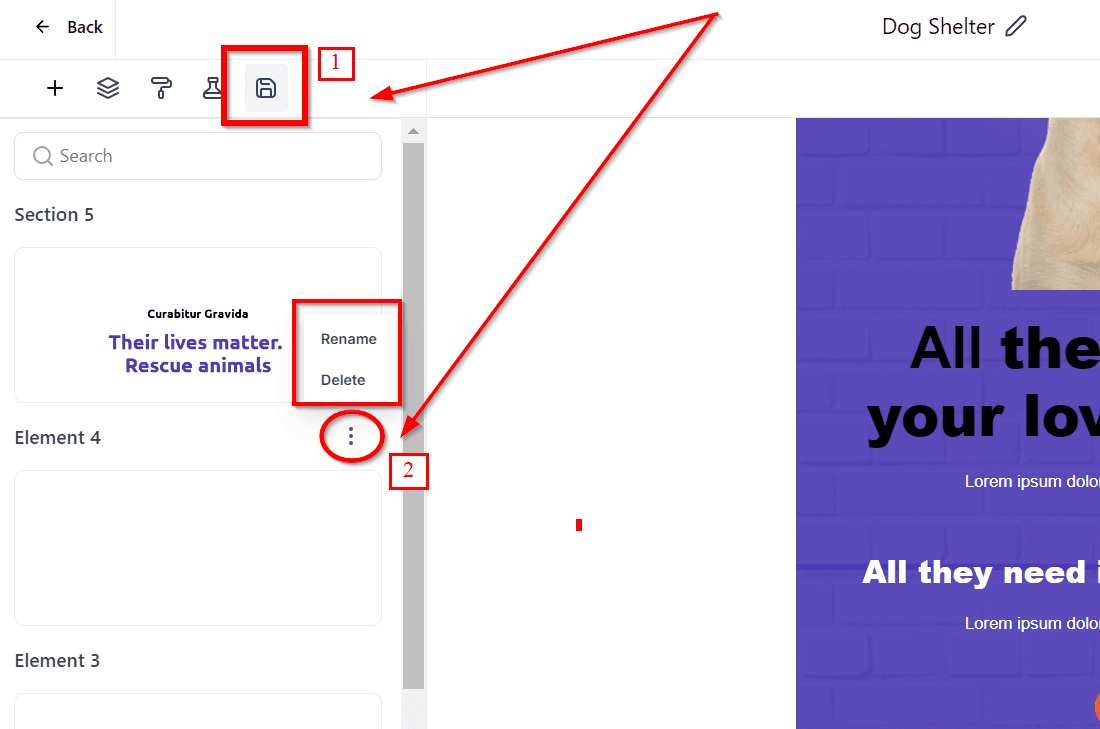 Schermata 4 — Come salvare elementi nell'email builder per un accesso rapido