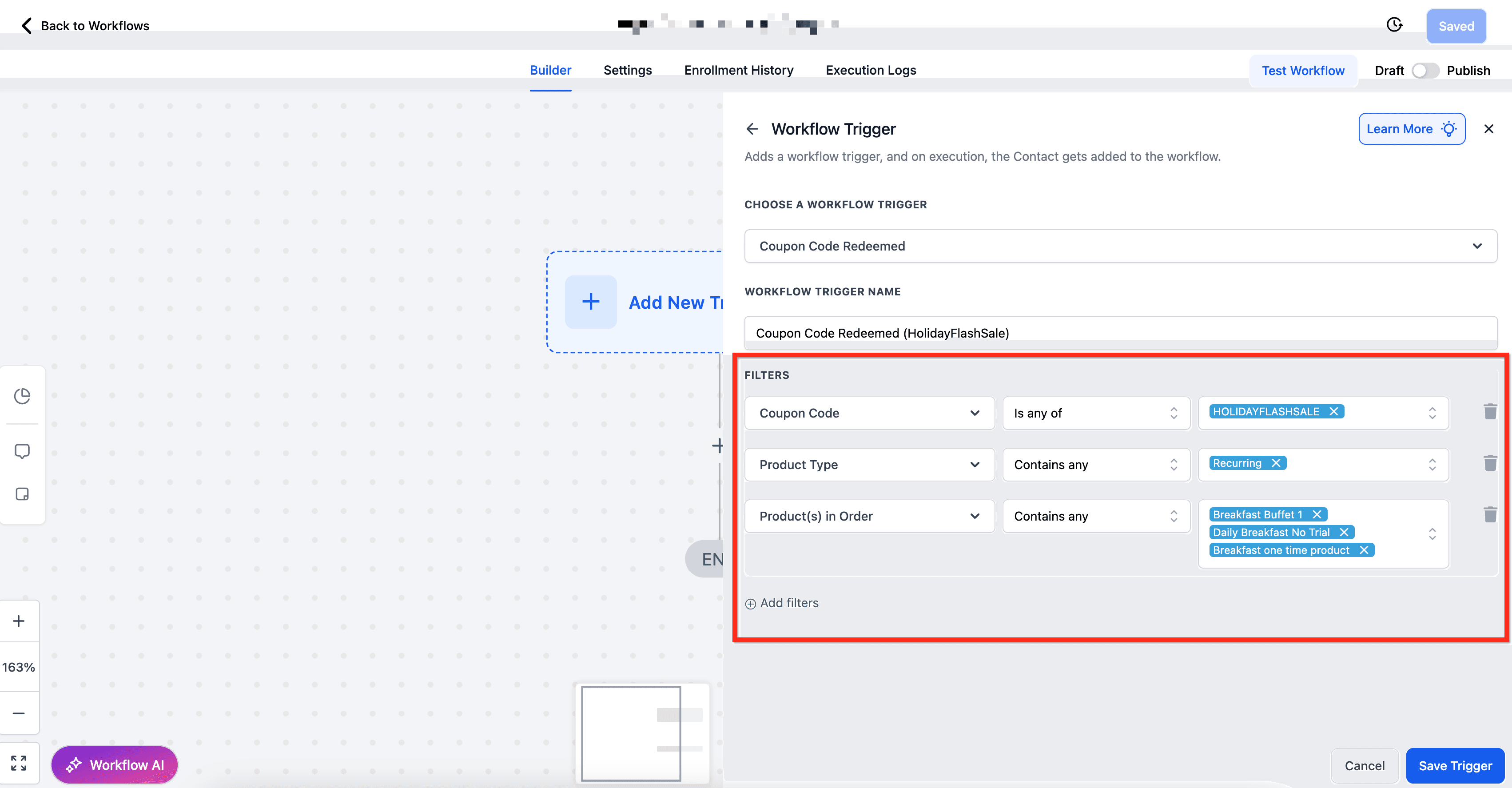 Schermata 4 — Workflow Trigger - Codice Coupon Riscattato