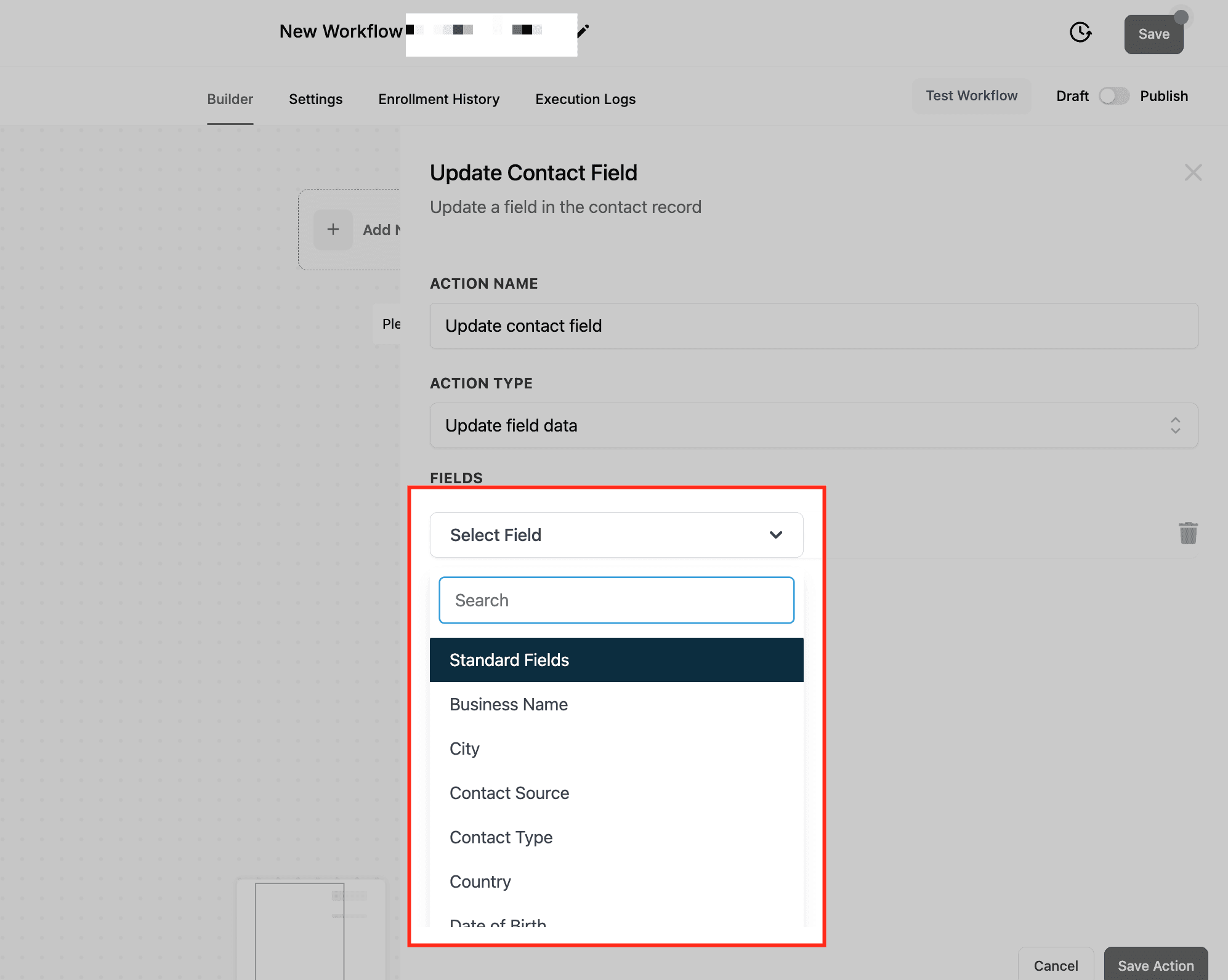 Schermata 7 — Azione Workflow - Aggiorna Campo Contatto