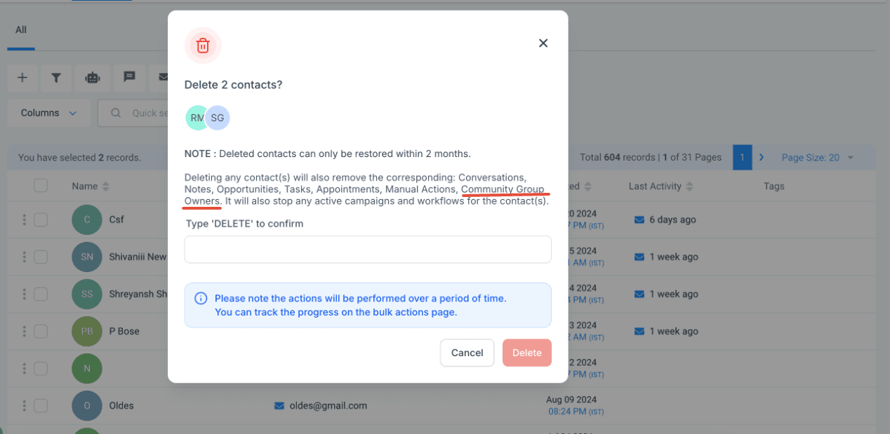 Schermata 1 — Cosa succede quando elimini un contatto collegato a un gruppo community