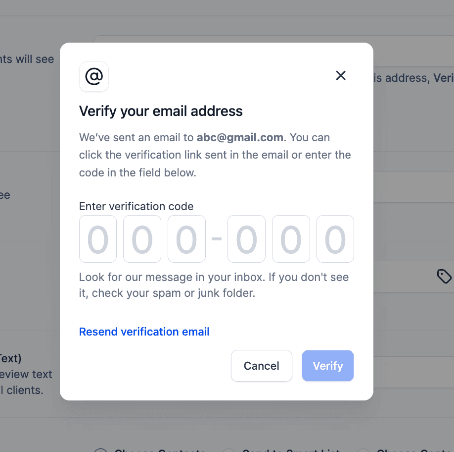 Schermata di inserimento OTP per la verifica email