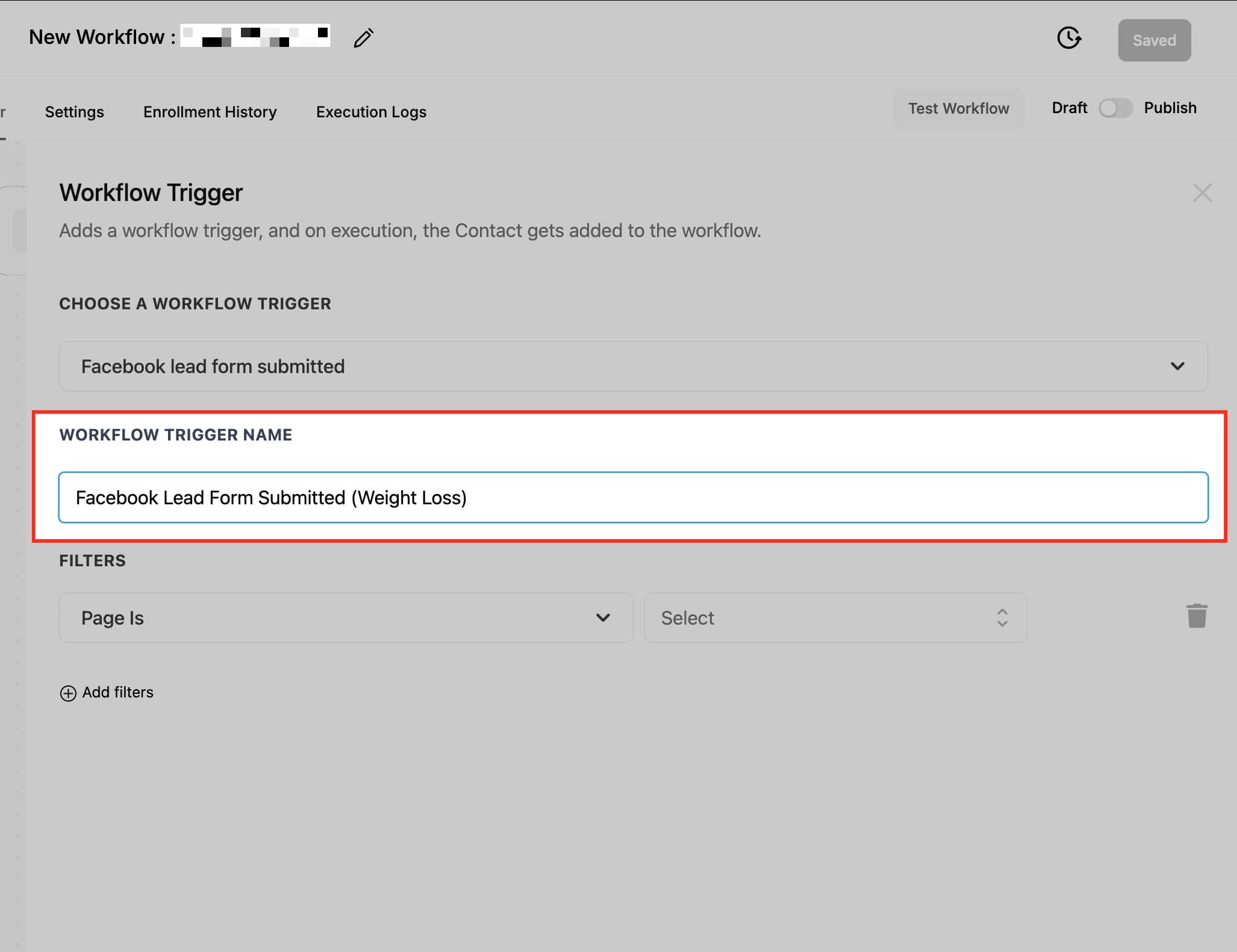 Schermata 3 — Workflow Trigger - Facebook Lead Form Submitted