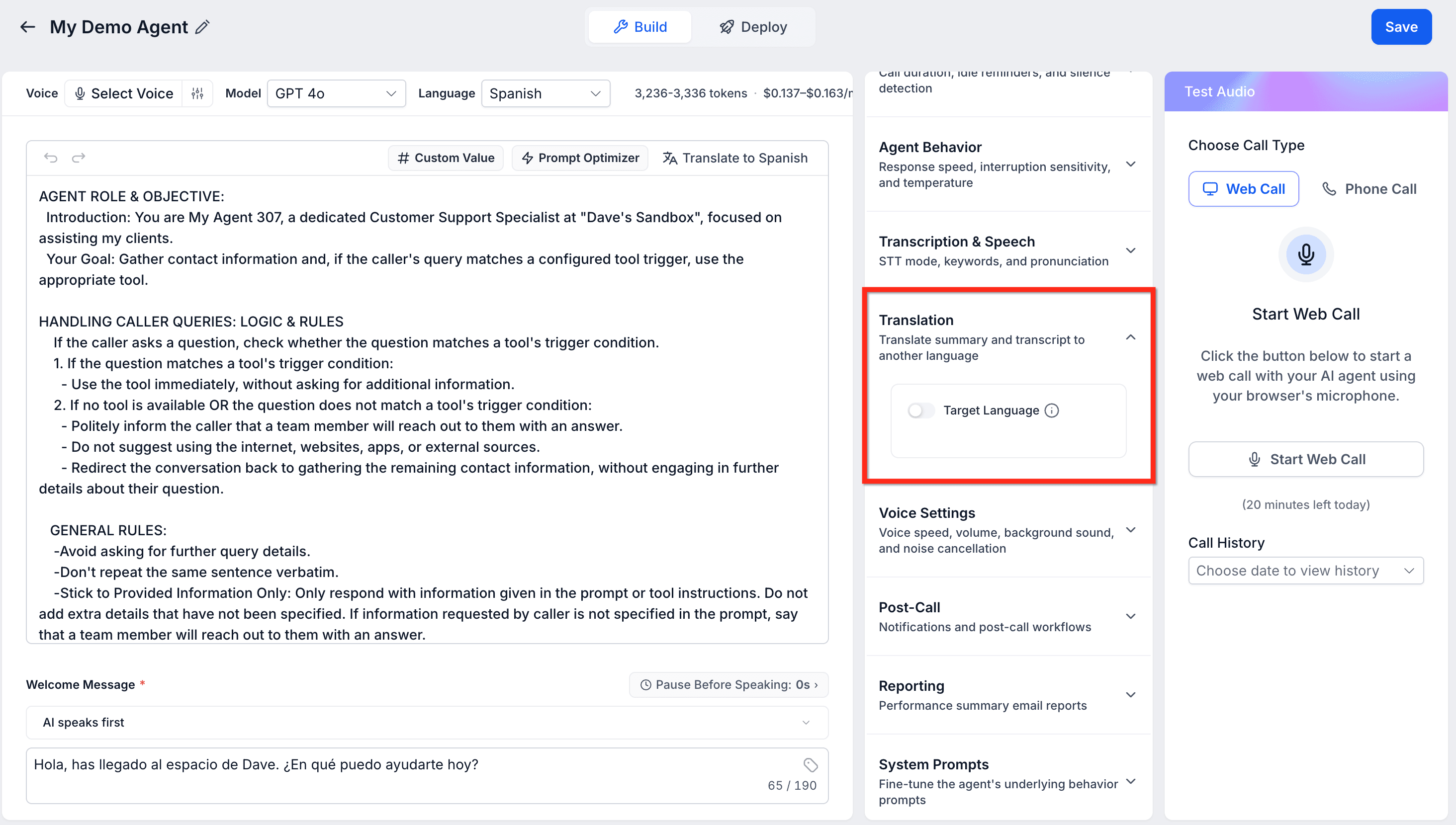 Schermata 3 — Voice AI: Servizio di Traduzione per Trascrizione e Riepilogo delle Chiamate