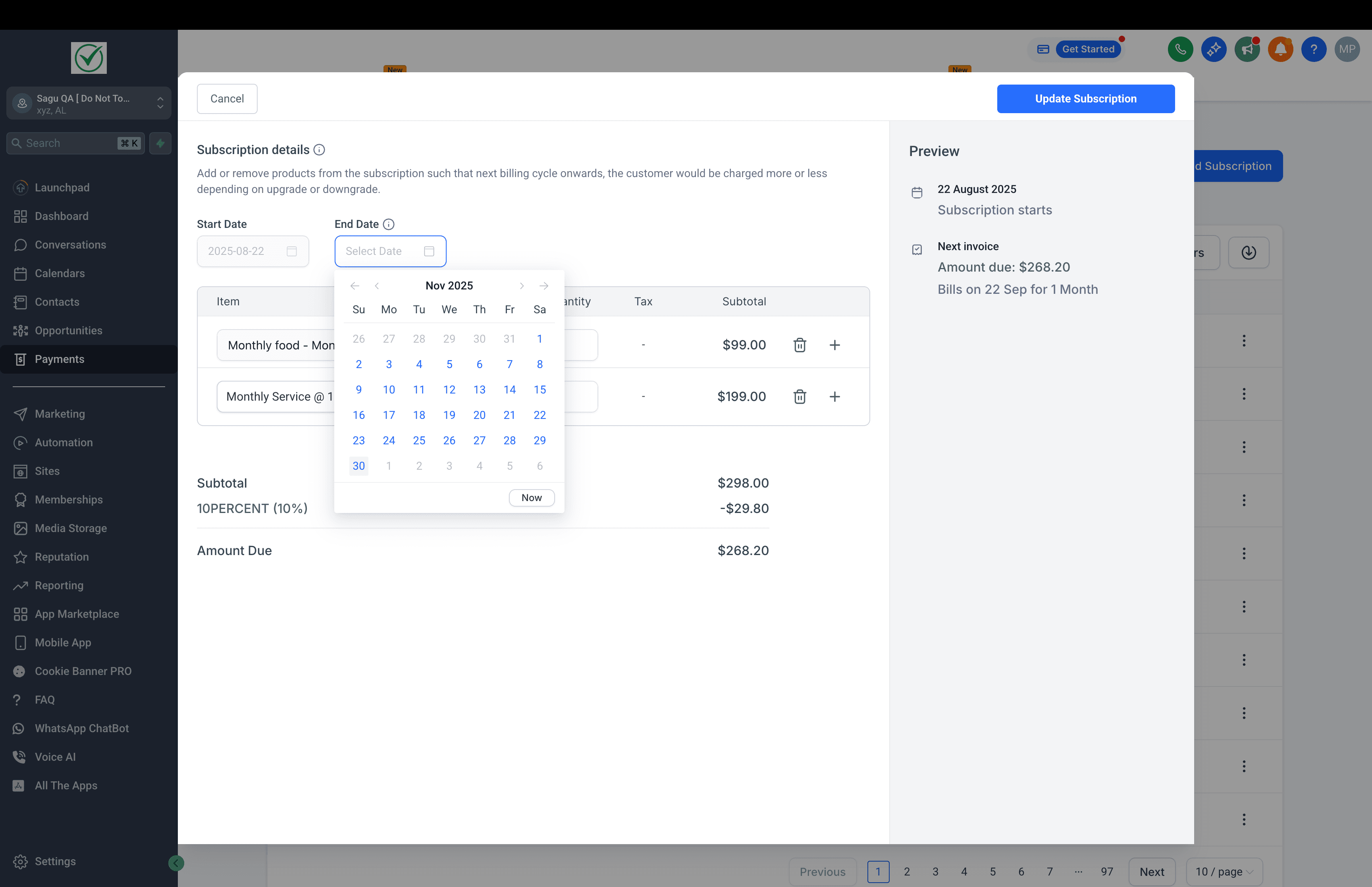 Schermata 5 — Come modificare le sottoscrizioni esistenti