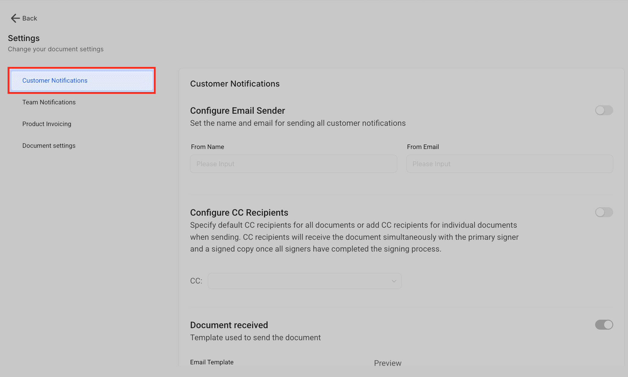Schermata 6 — Documents & Contracts: Configurazione Template Email e Notifiche al Team