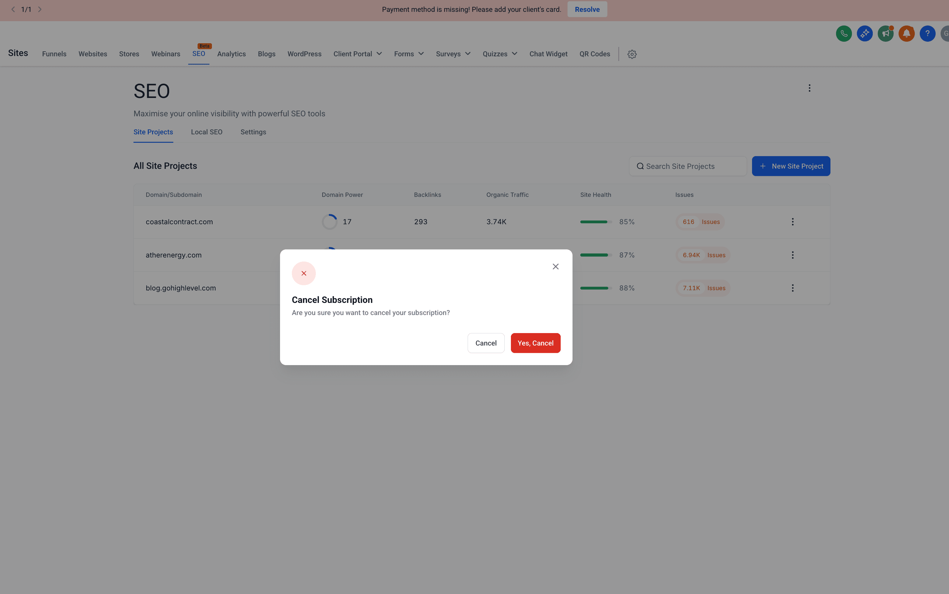 Schermata 2 — Flusso di Disiscrizione SEO e Stati del Progetto