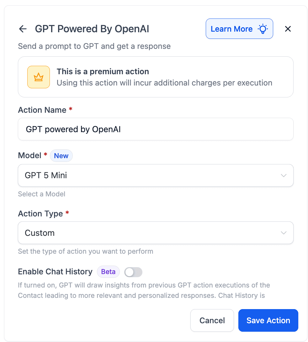 Schermata 2 — Azione Workflow - GPT Powered by OpenAI
