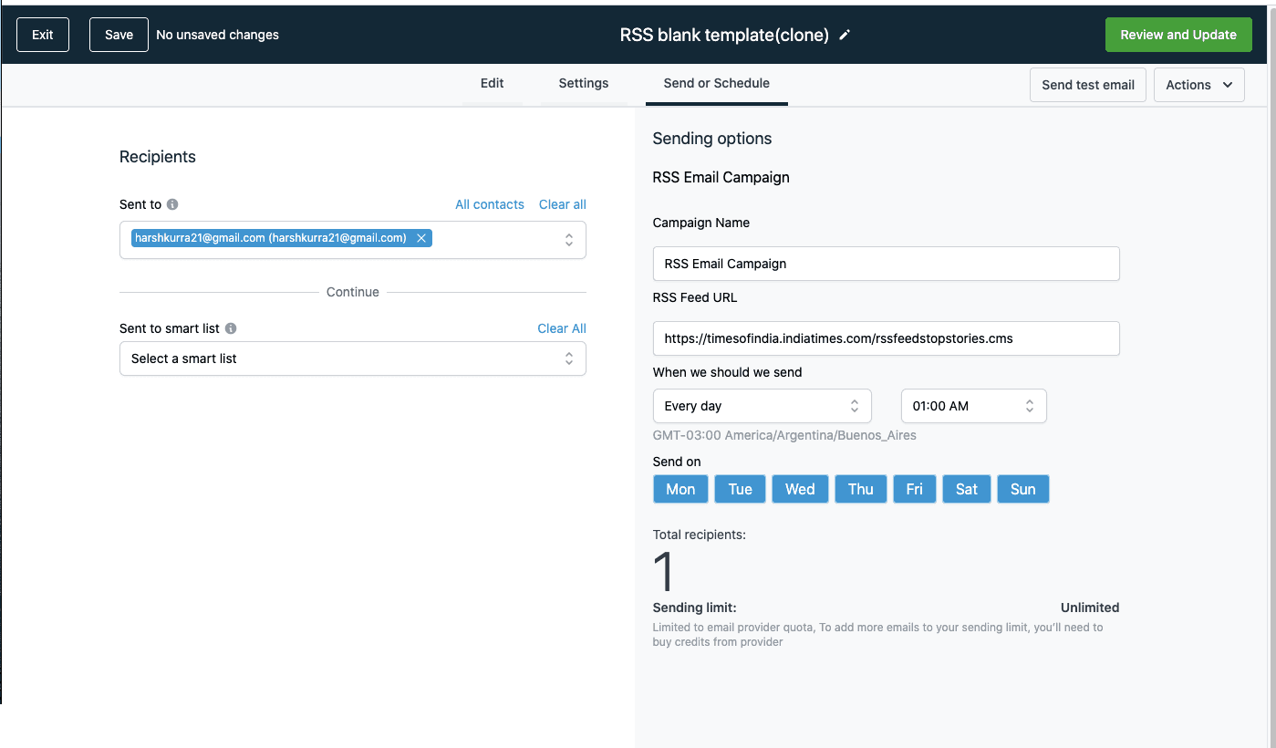 Schermata 13 — Blocchi RSS nell'Email Builder