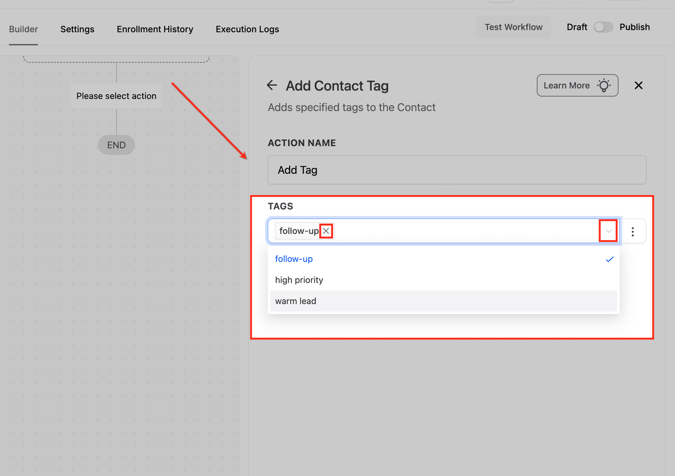 Schermata 4 — Azione Workflow - Aggiungi Tag al Contatto