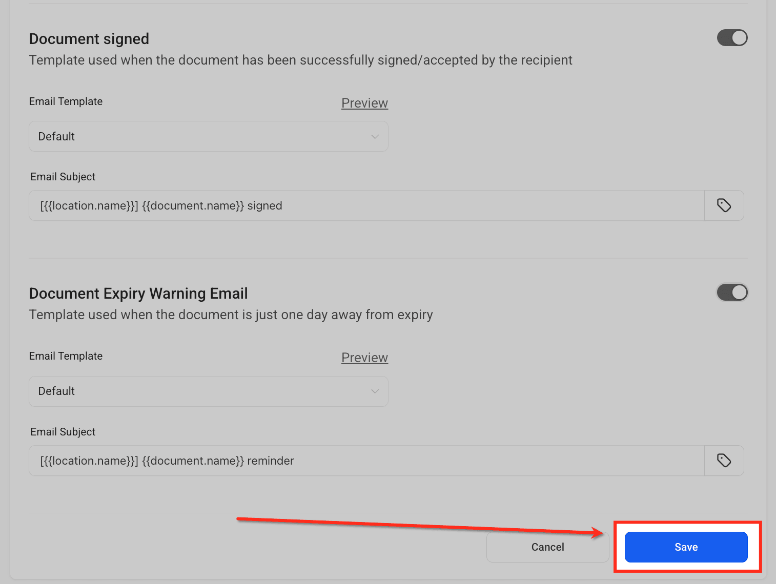 Schermata 16 — Documents & Contracts: Configurazione Template Email e Notifiche al Team