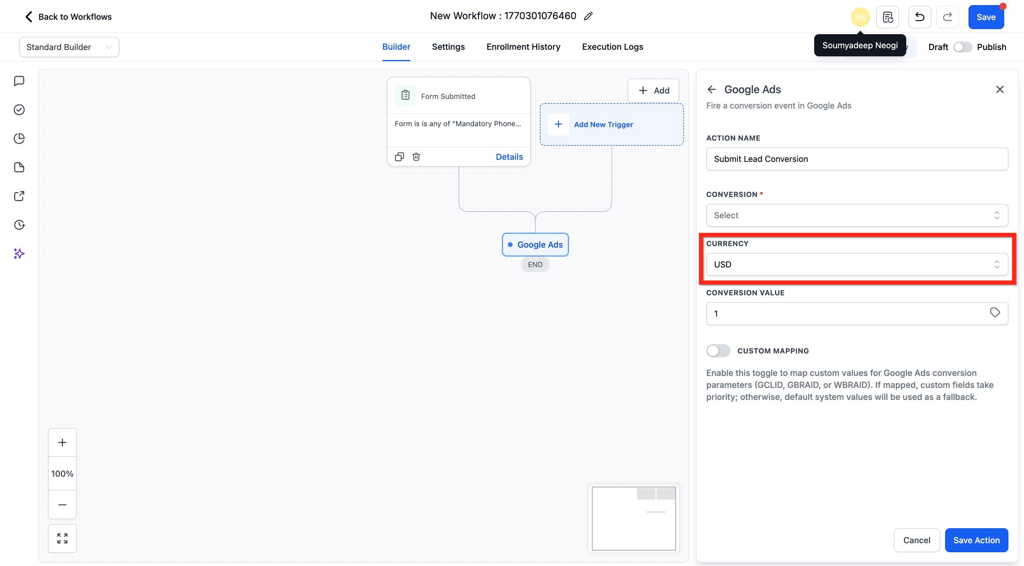 Schermata 7 — Azione Workflow - Aggiungi a Google Ads