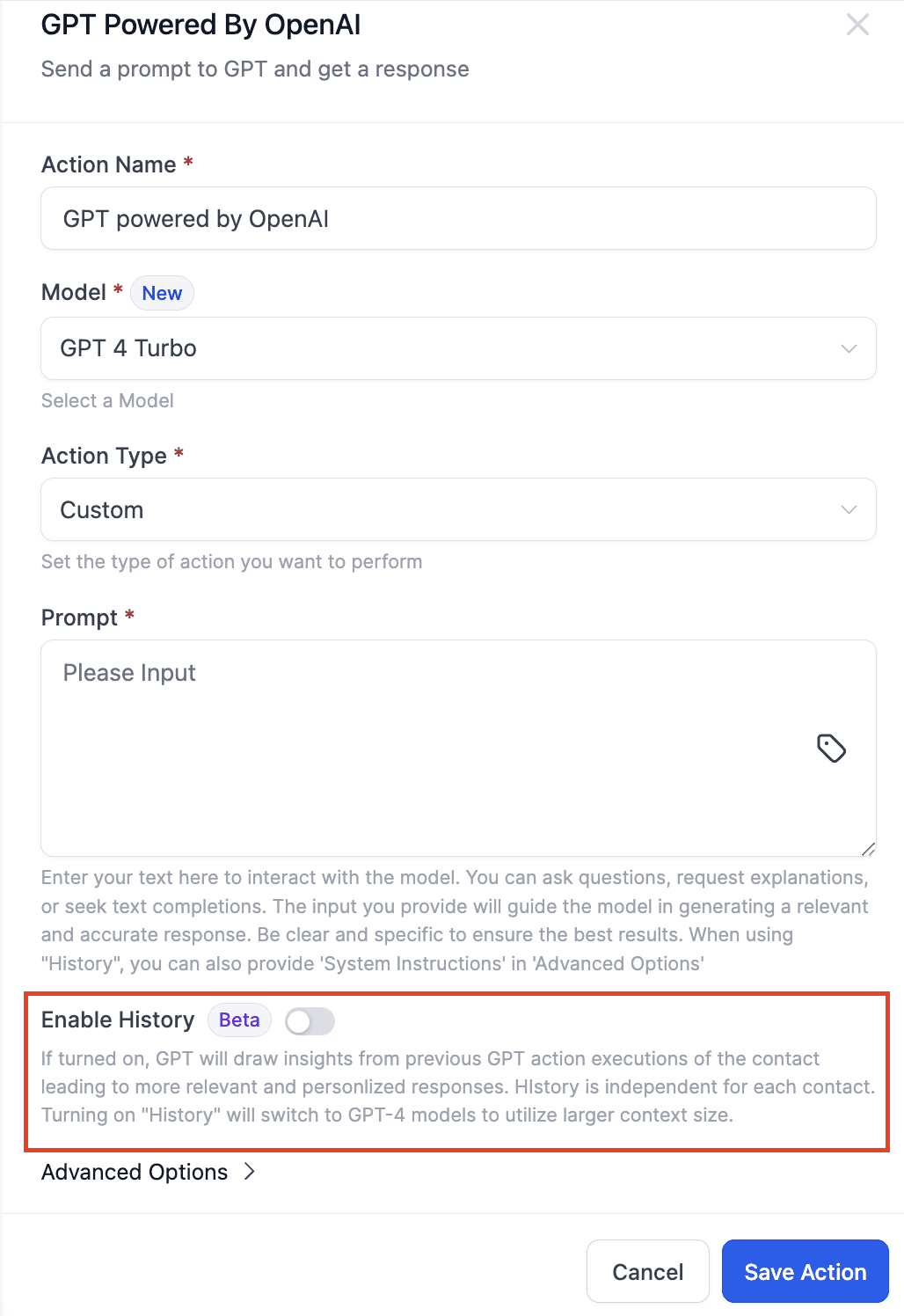 Schermata 1 — Azione Workflow - GPT History