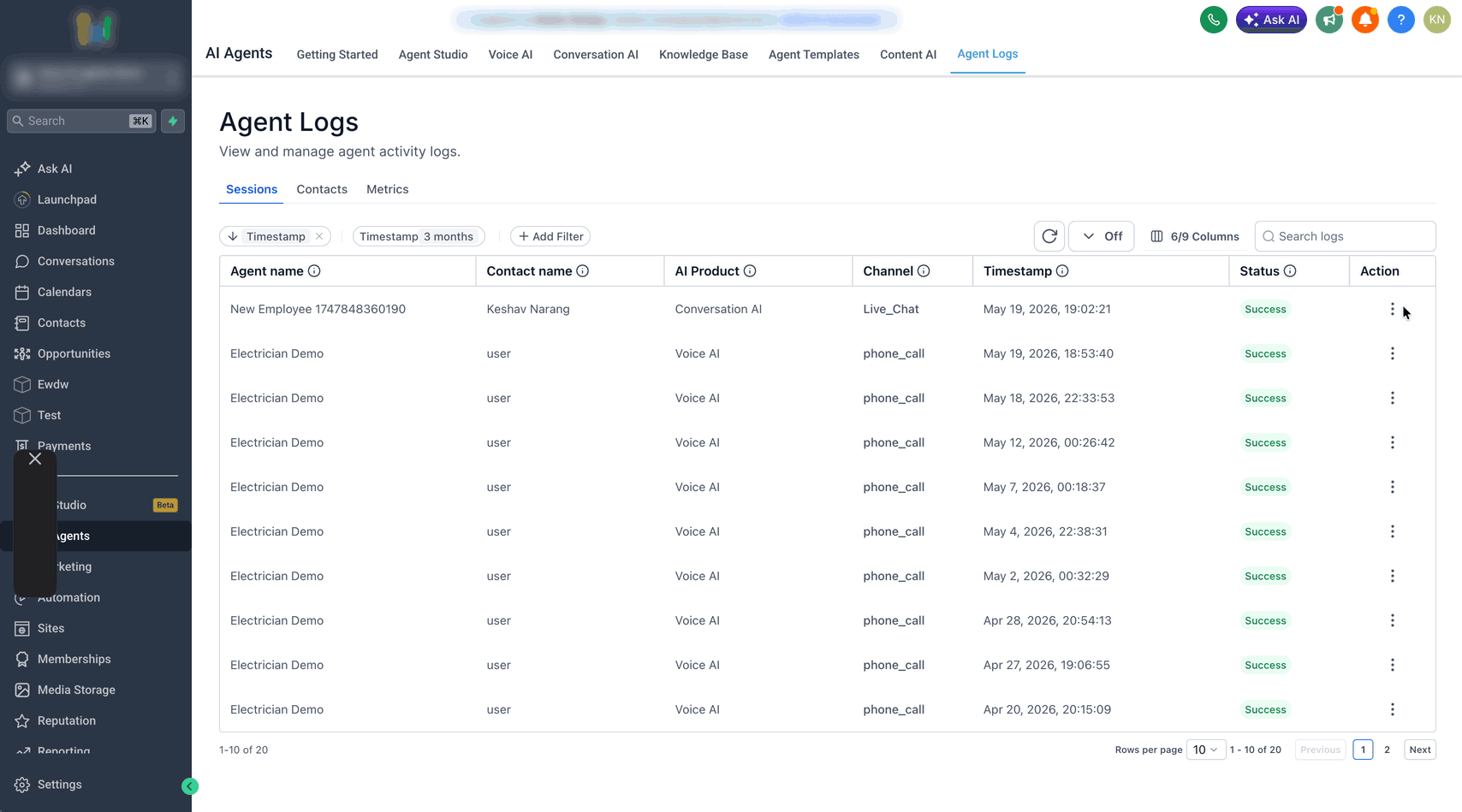 Schermata 13 — Conversation AI - Agent Logs