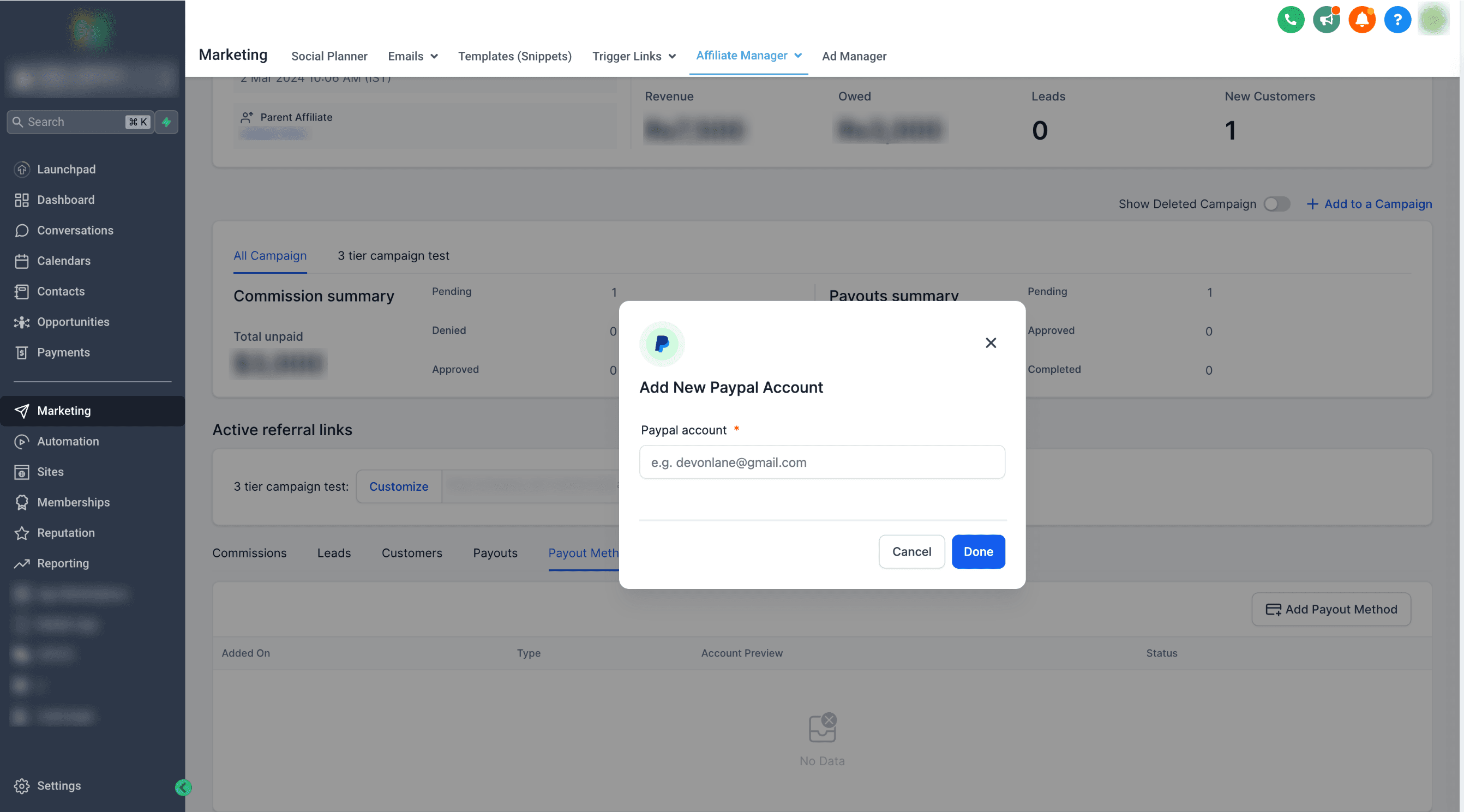 Schermata 2 — Come aggiungere/collegare un nuovo metodo di pagamento per gli Affiliati