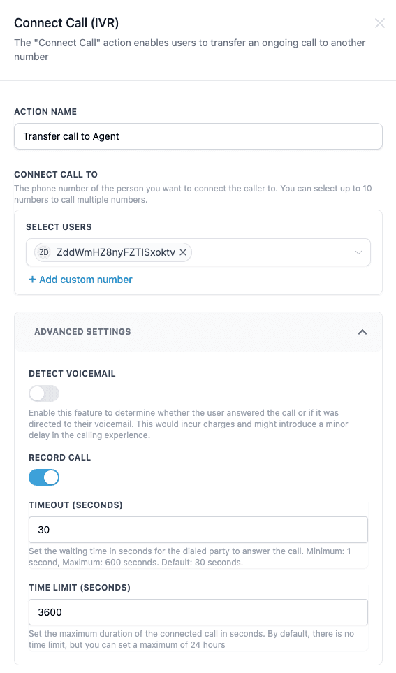 Schermata 1 — Azione Workflow - IVR Connetti Chiamata