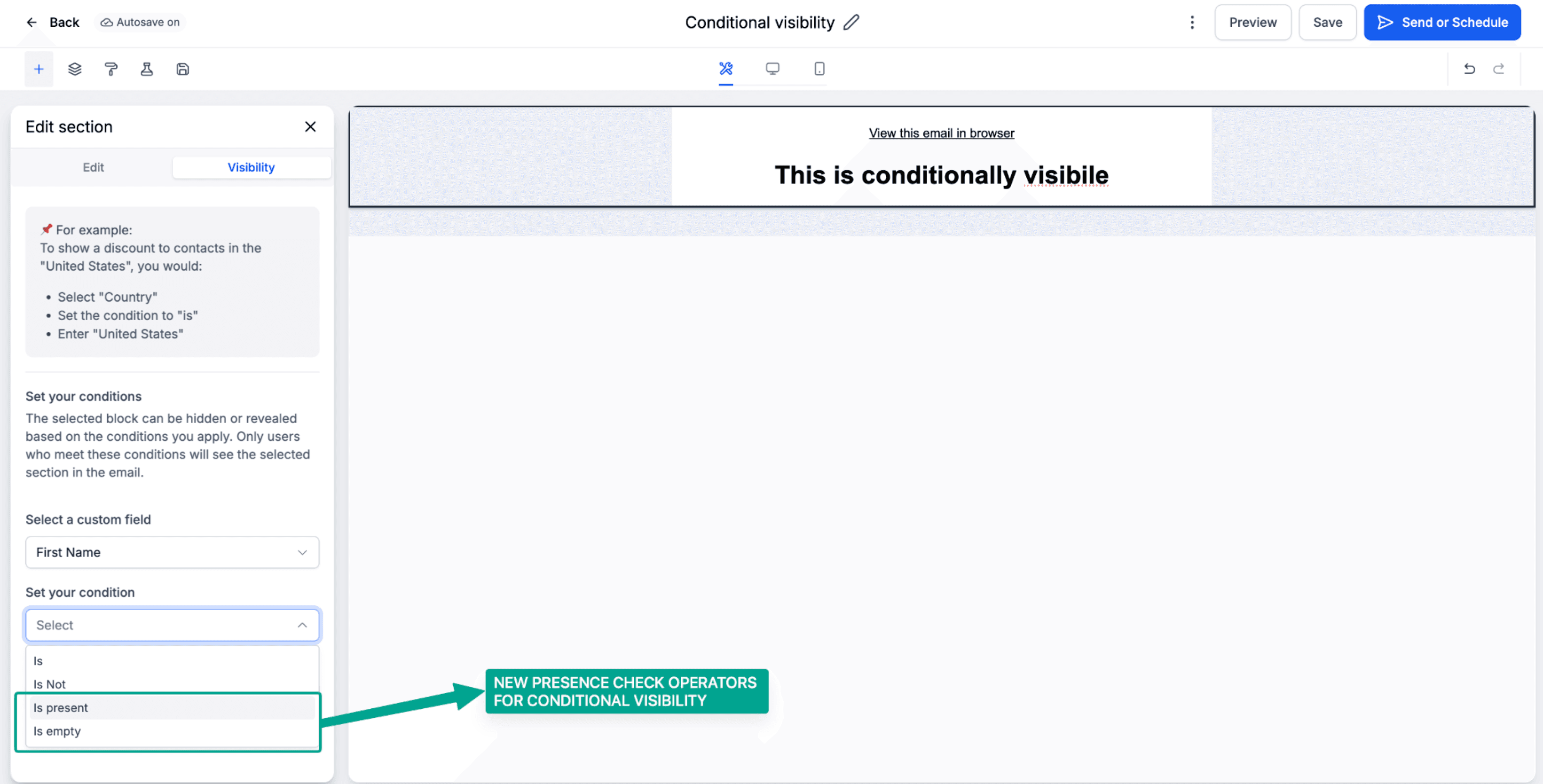 Schermata 4 — Sezione Visibilità per Layout nell'Email Builder