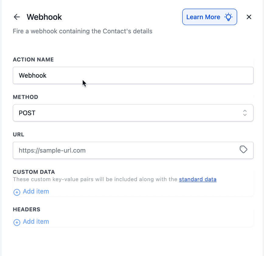 Schermata 3 — Azione Workflow - Webhook (In Uscita)