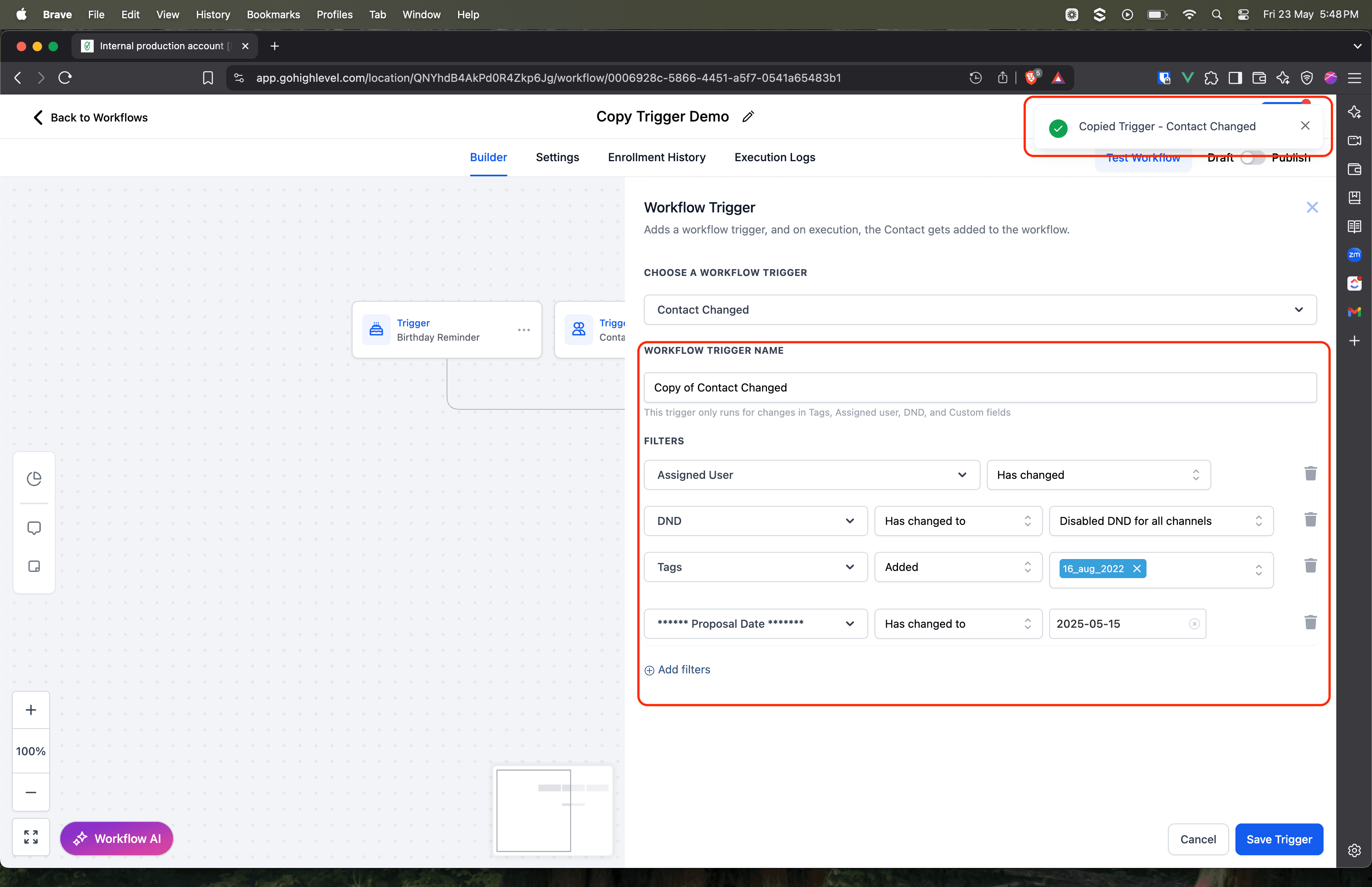 Schermata 2 — Copiare o eliminare Trigger nei Workflow