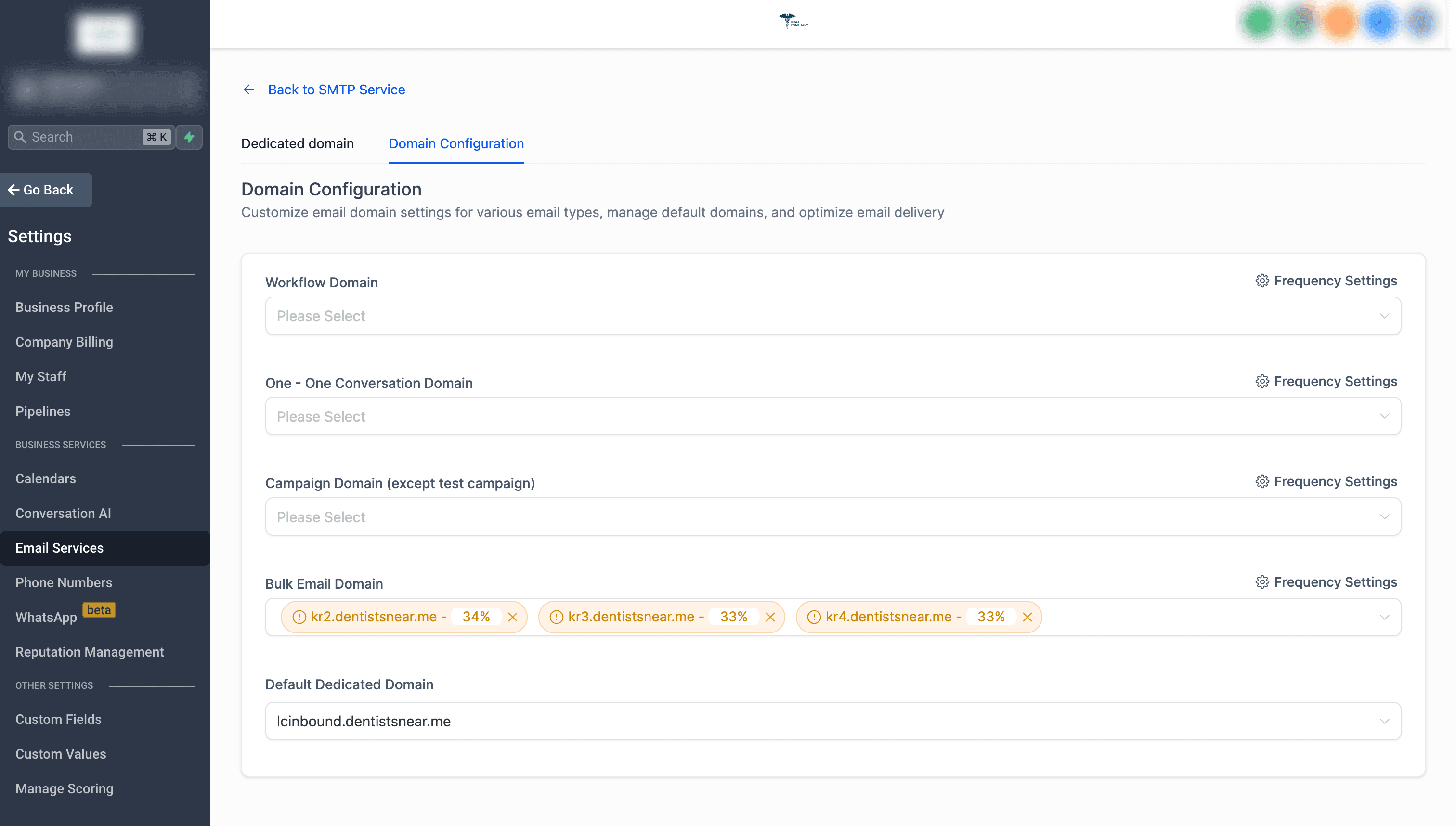 Schermata Domain Configuration nelle impostazioni Dedicated Domain and IP