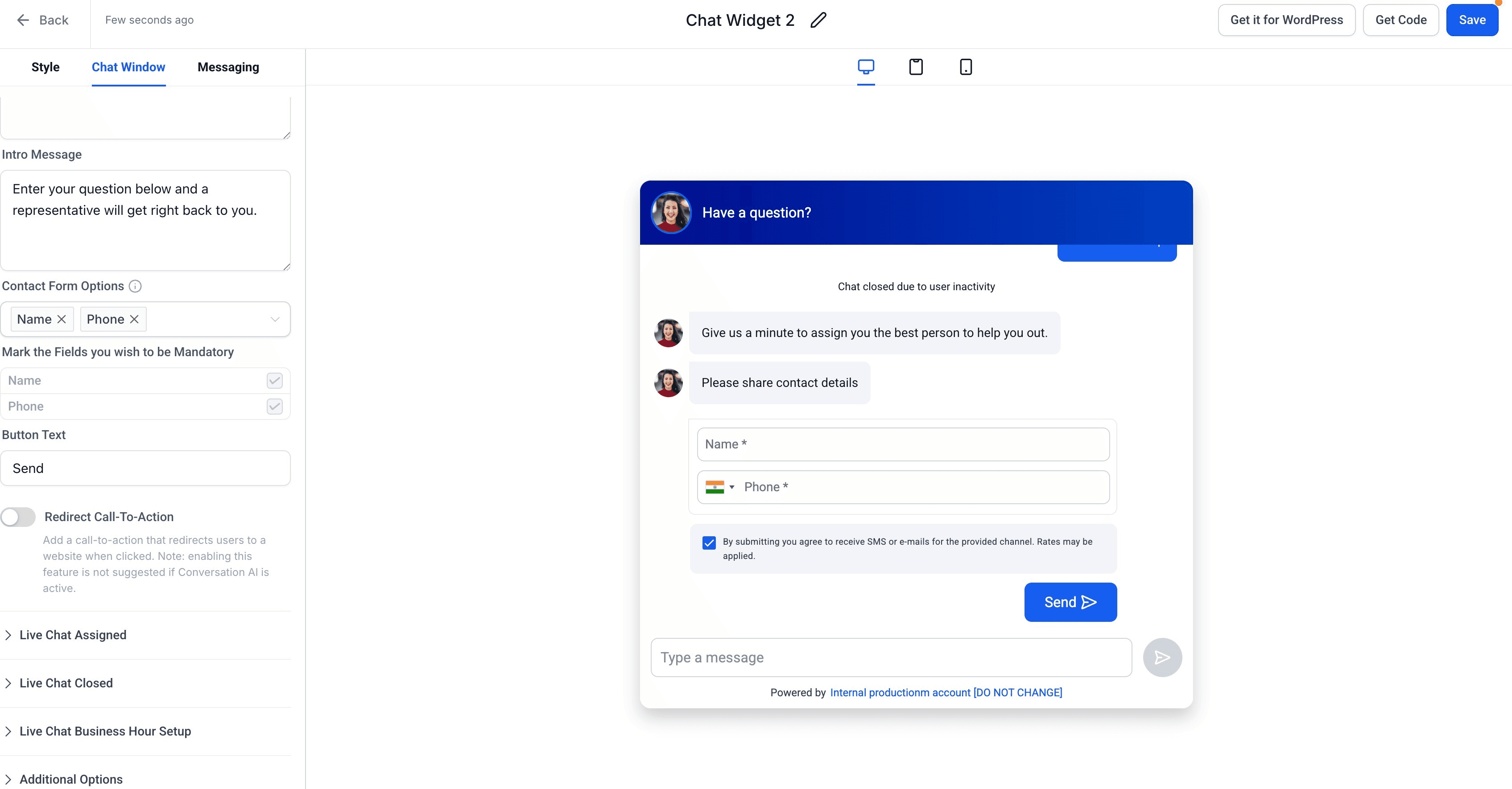 Schermata 4 — Come creare un Chat Widget Live incorporato (Embedded)