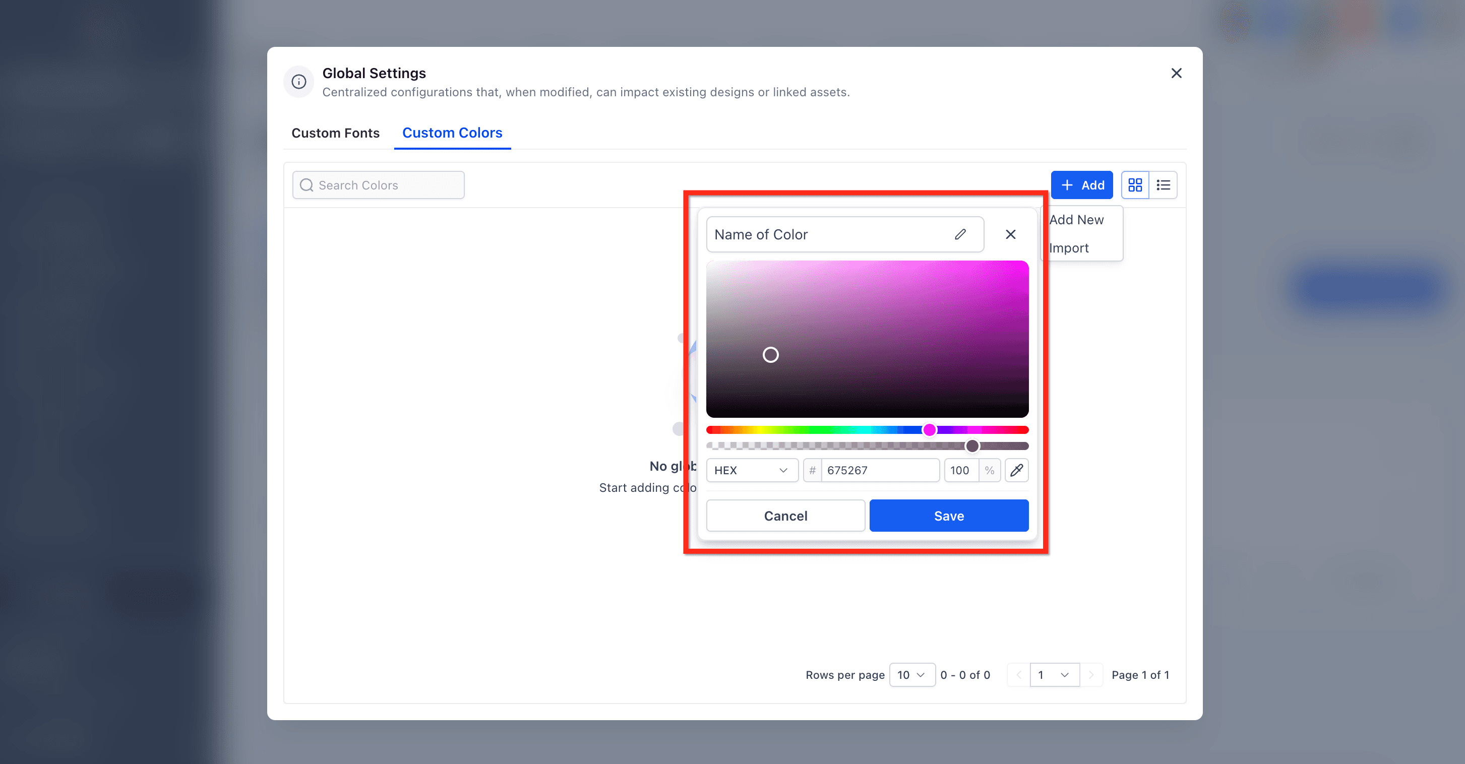 Schermata 3 — Colori Personalizzati Globali nel Color Picker