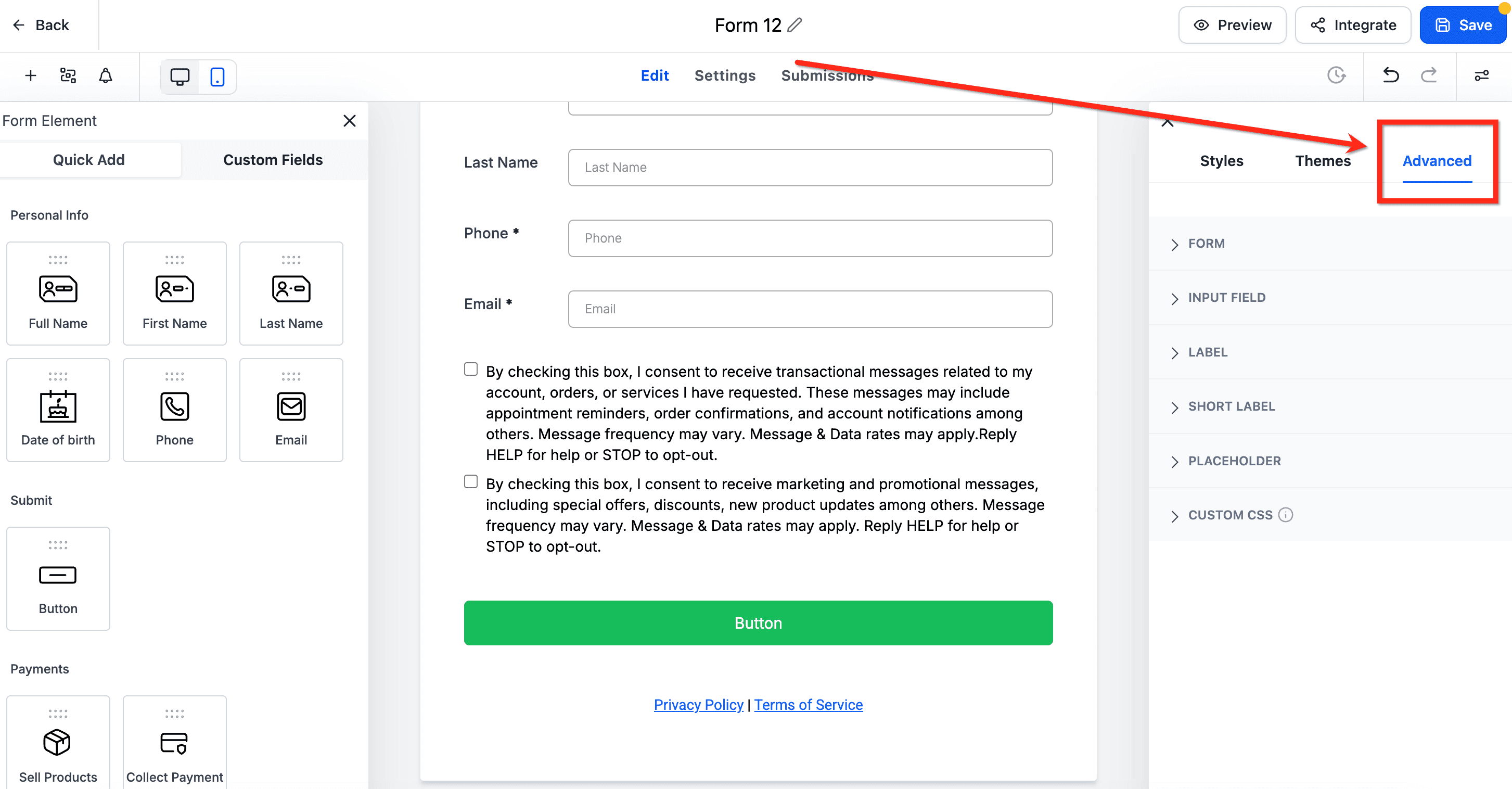 Schermata 4 — Barra laterale destra nel costruttore di Form e Survey