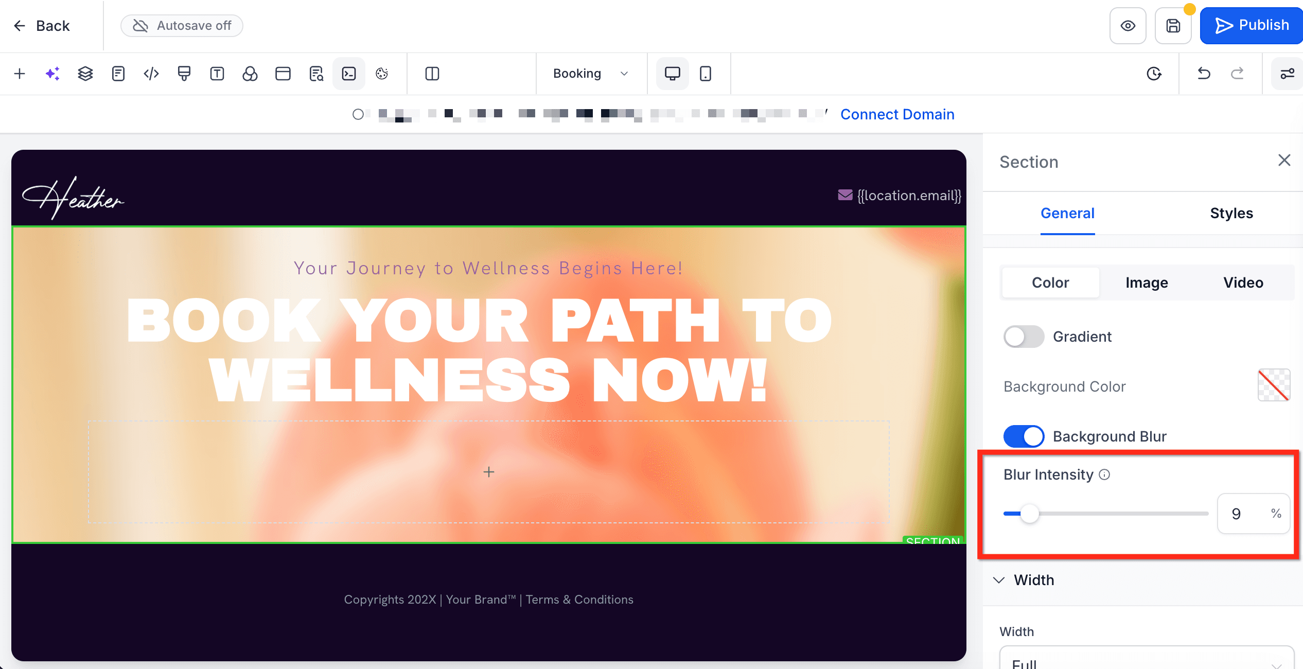 Schermata 7 — Gradienti e Sfocatura dello Sfondo nel Page Builder