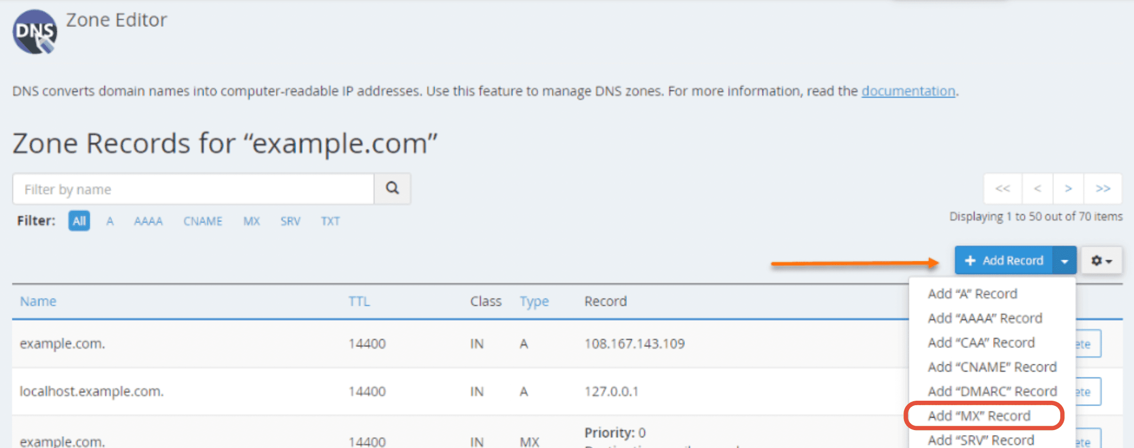 Form Add MX Record in cPanel Zone Editor