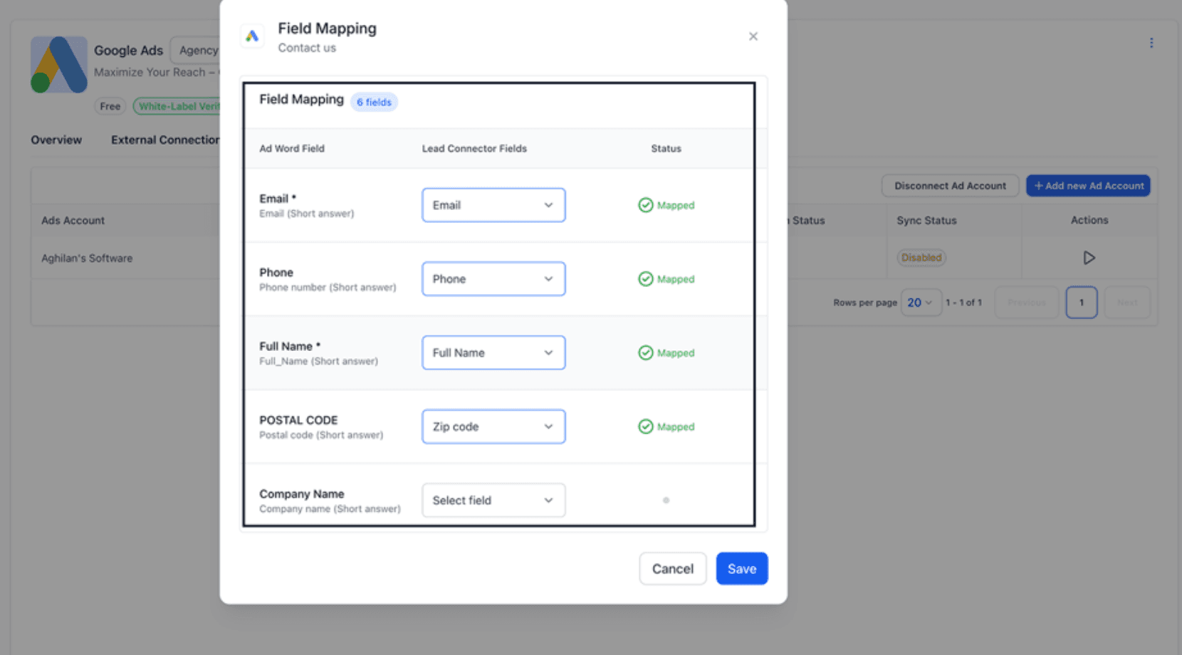 Schermata 6 — Integrazione Google Lead Ads