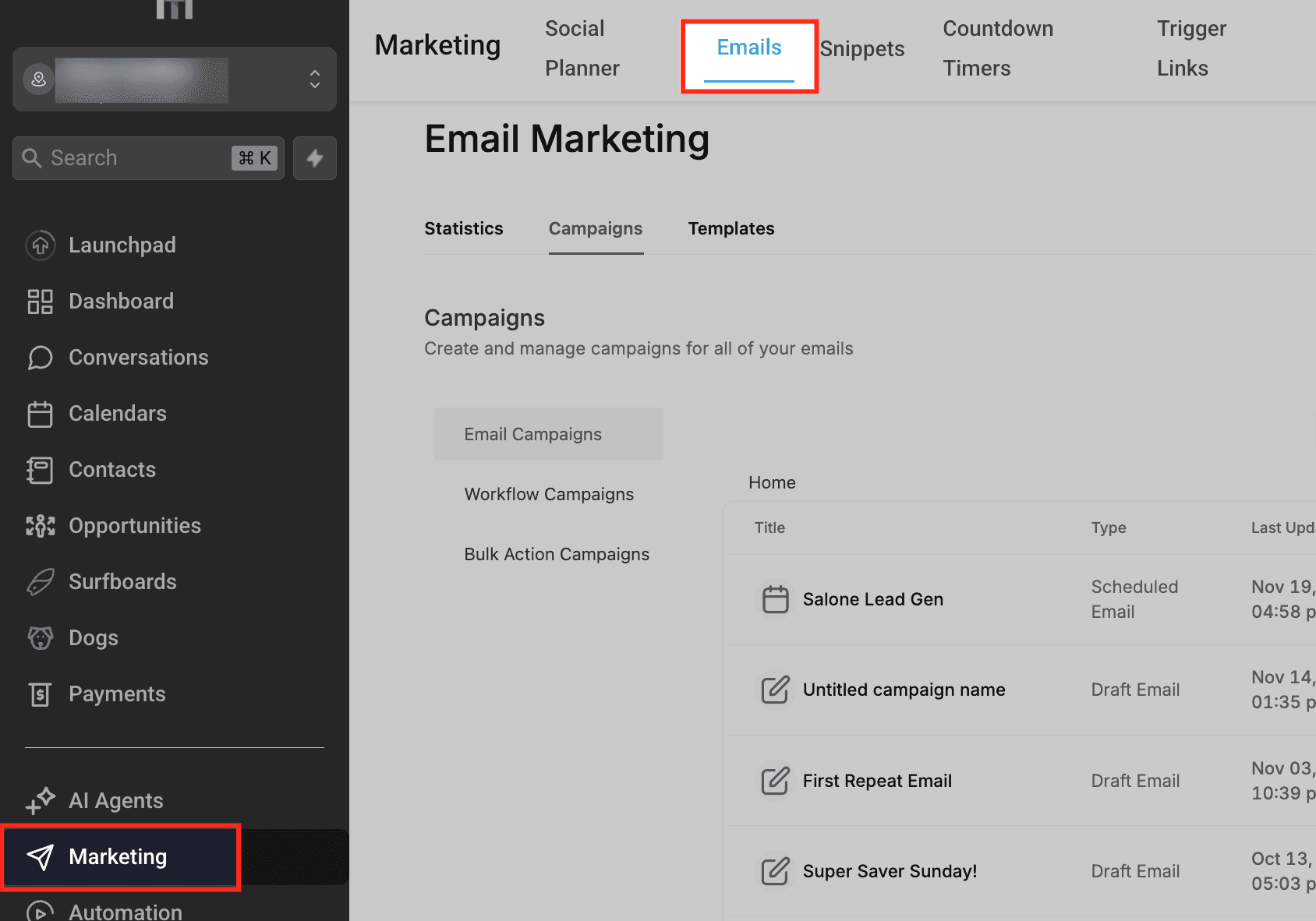 Schermata 1 — Come mettere in pausa o annullare una Campaign email pianificata