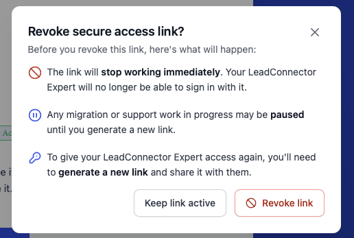 Finestra di conferma Revoke secure access link